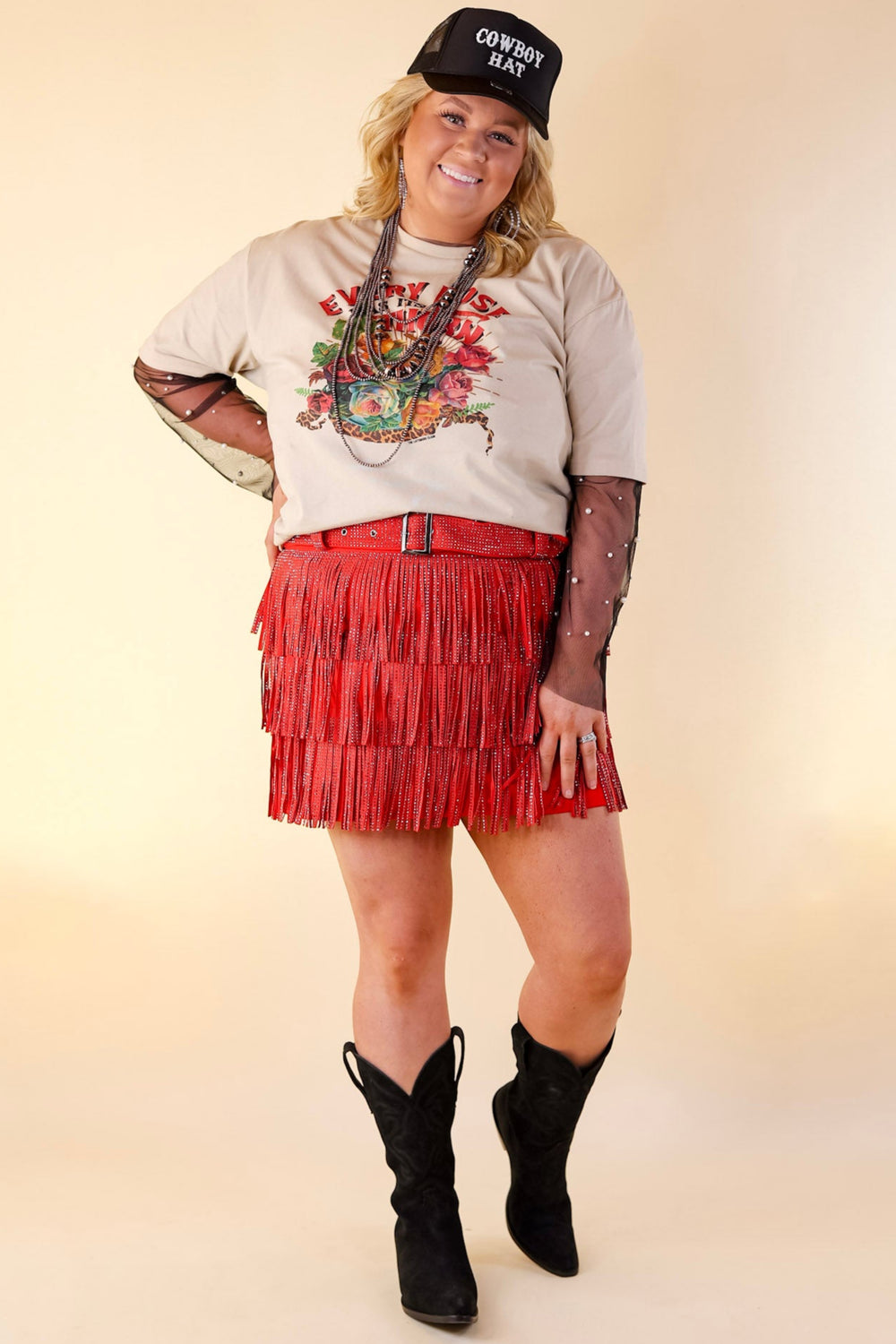 Cowboy Killer Crystal Fringe Mini Skort in Red - Giddy Up Glamour Boutique
