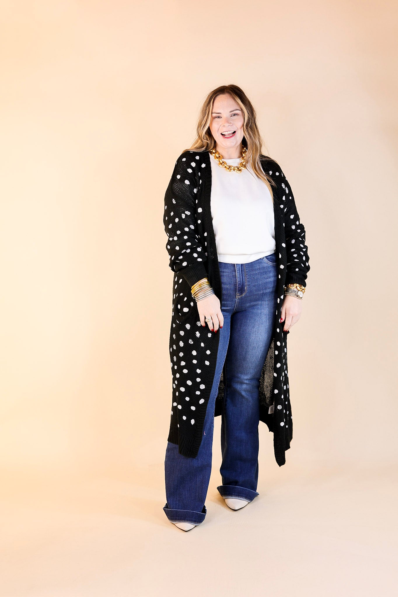 Boho Lifestyle Long Sleeve Polka Dot Duster Cardigan in Black