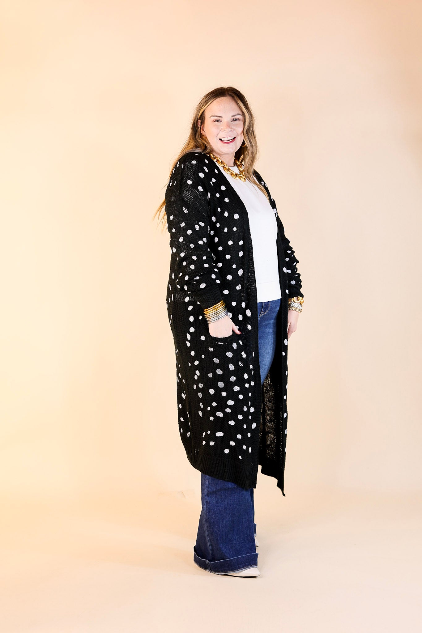 Boho Lifestyle Long Sleeve Polka Dot Duster Cardigan in Black