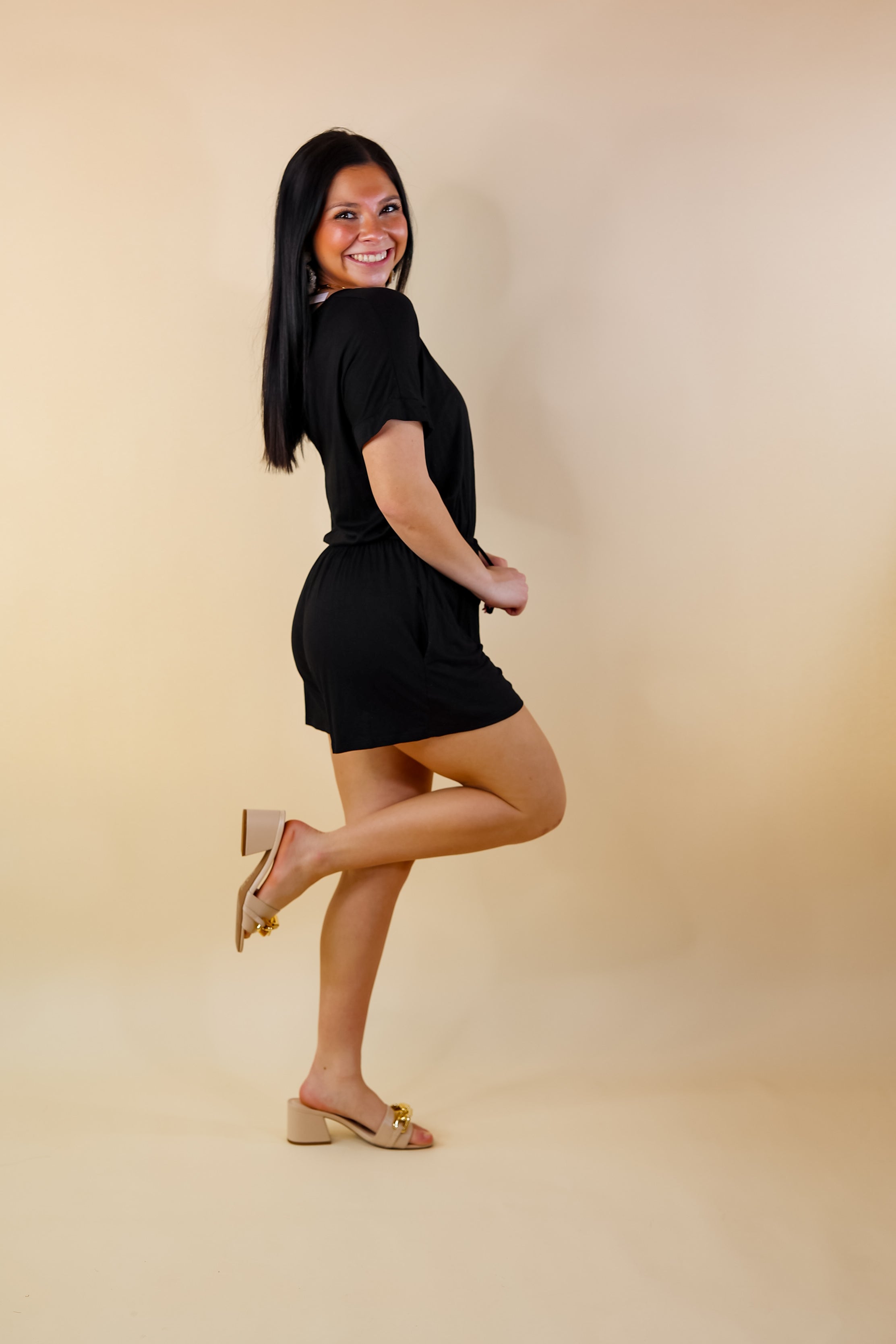 Let Me Loose Short Sleeve Drawstring Waist Tee Shirt Romper in Black - Giddy Up Glamour Boutique