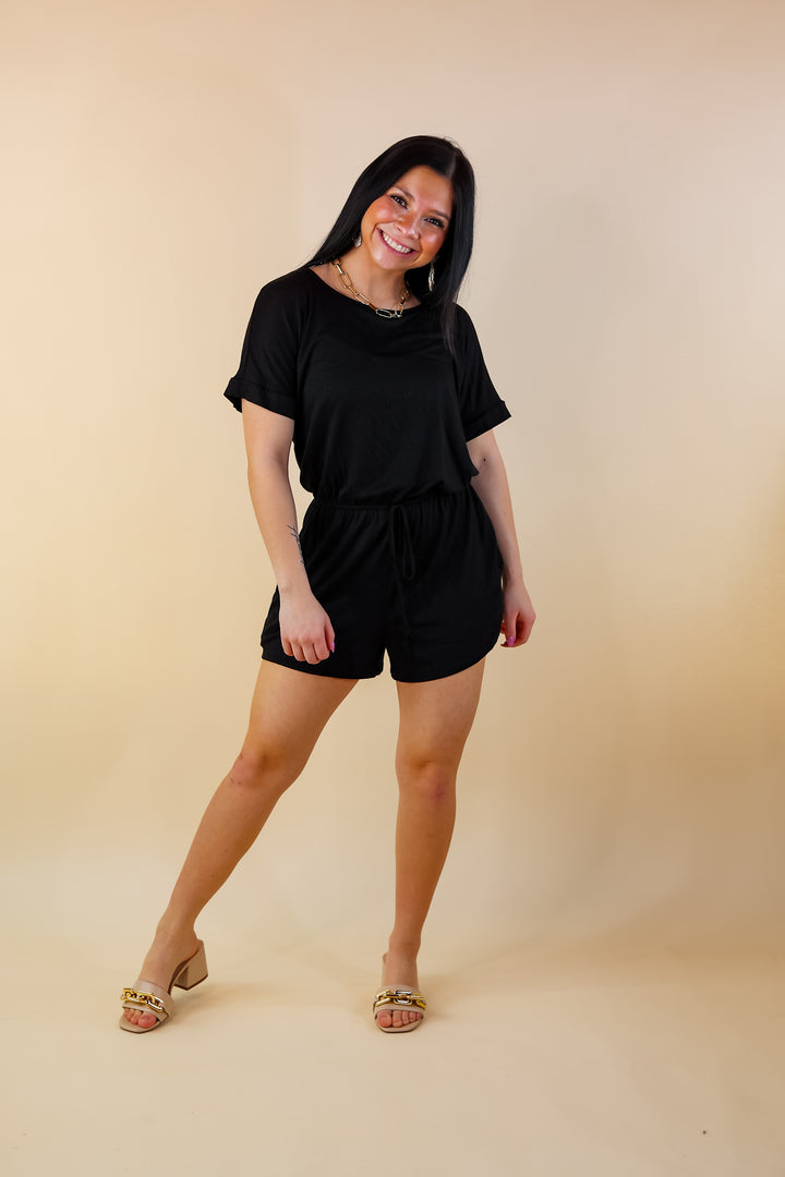 Let Me Loose Short Sleeve Drawstring Waist Tee Shirt Romper in Black - Giddy Up Glamour Boutique