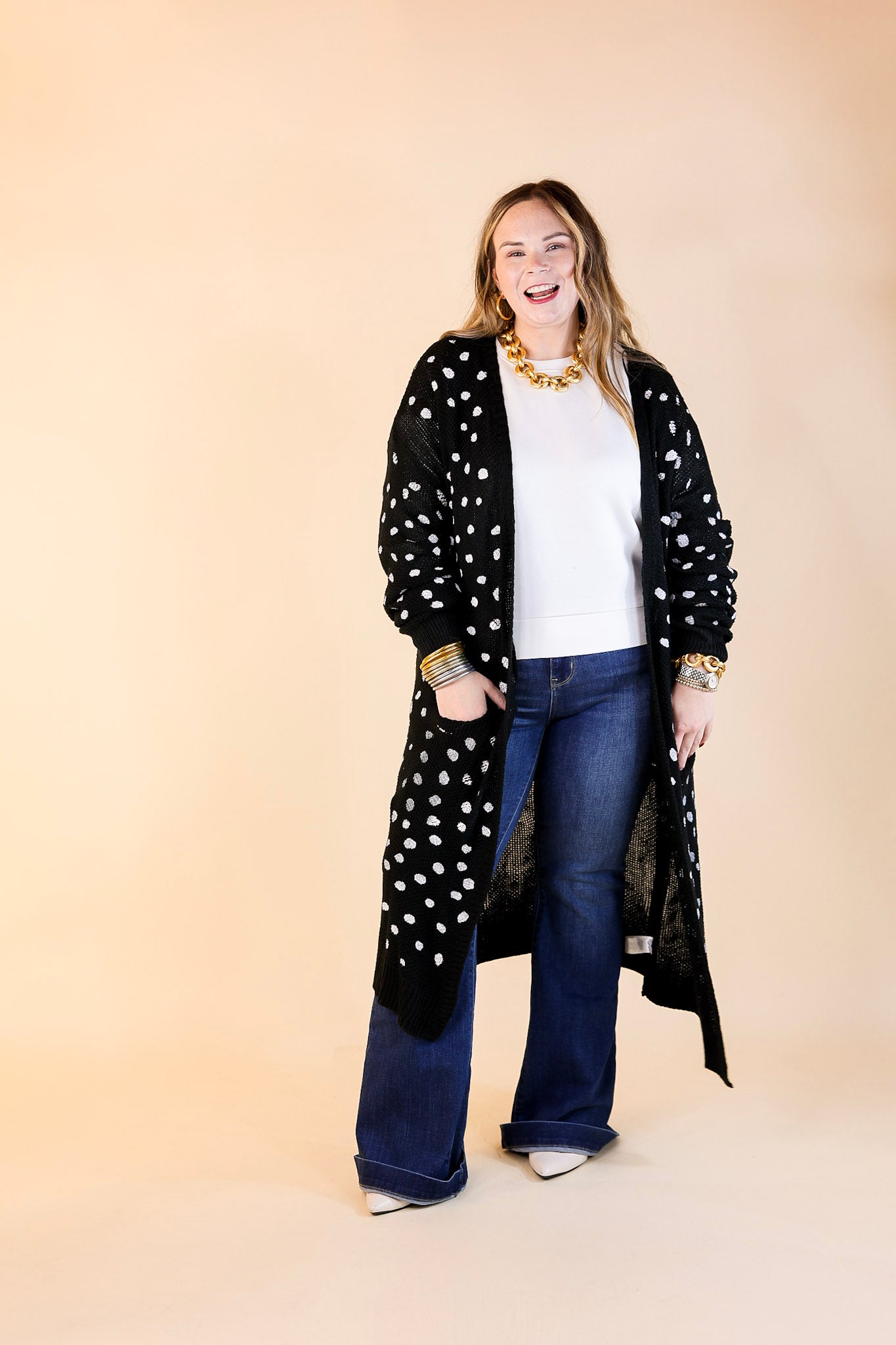 Boho Lifestyle Long Sleeve Polka Dot Duster Cardigan in Black