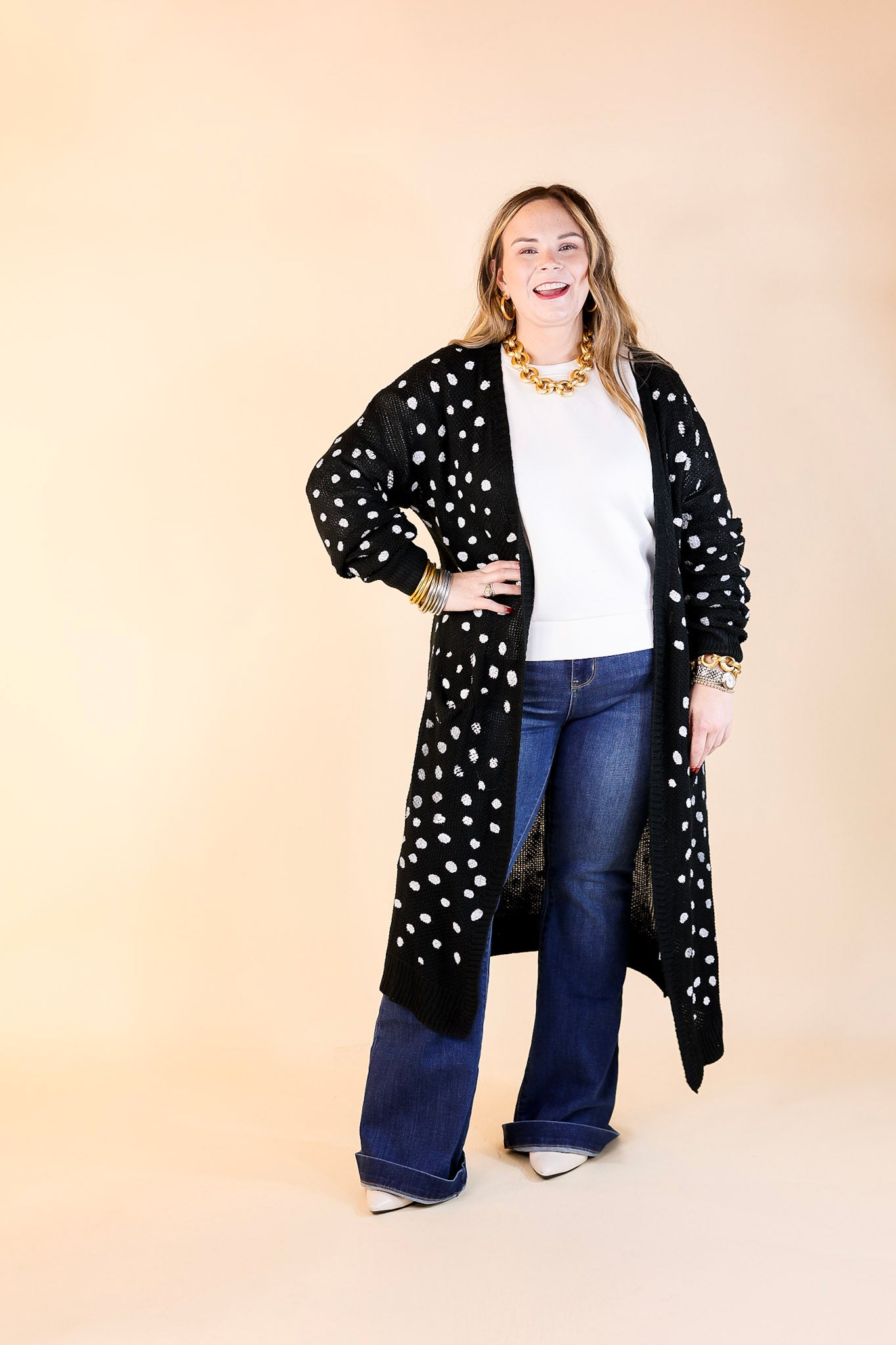 Boho Lifestyle Long Sleeve Polka Dot Duster Cardigan in Black