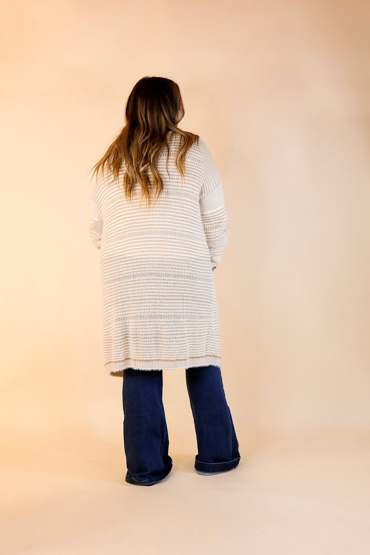 Upstate Chill Striped Knit Cardigan with Pockets in Beige