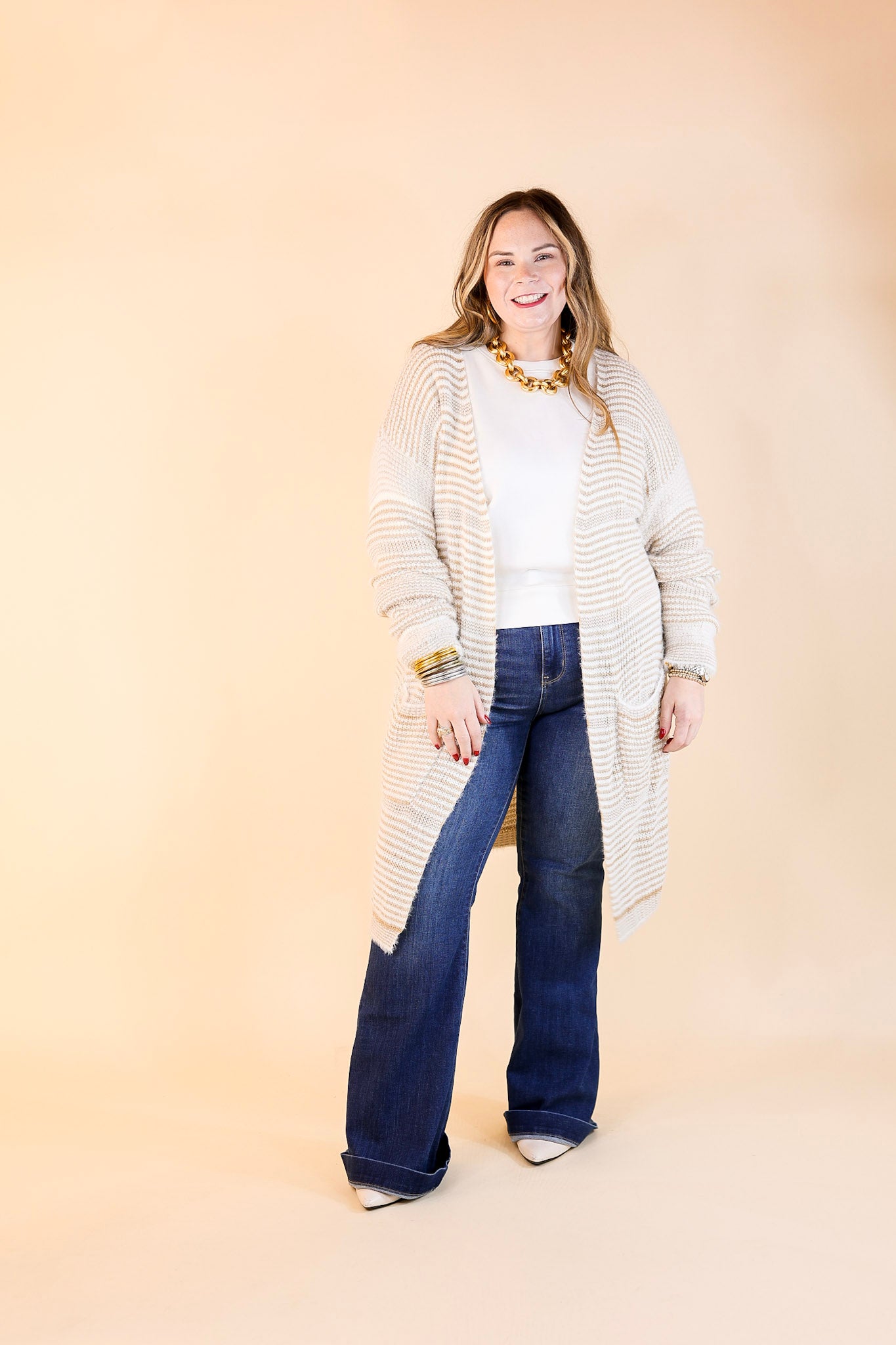 Upstate Chill Striped Knit Cardigan with Pockets in Beige