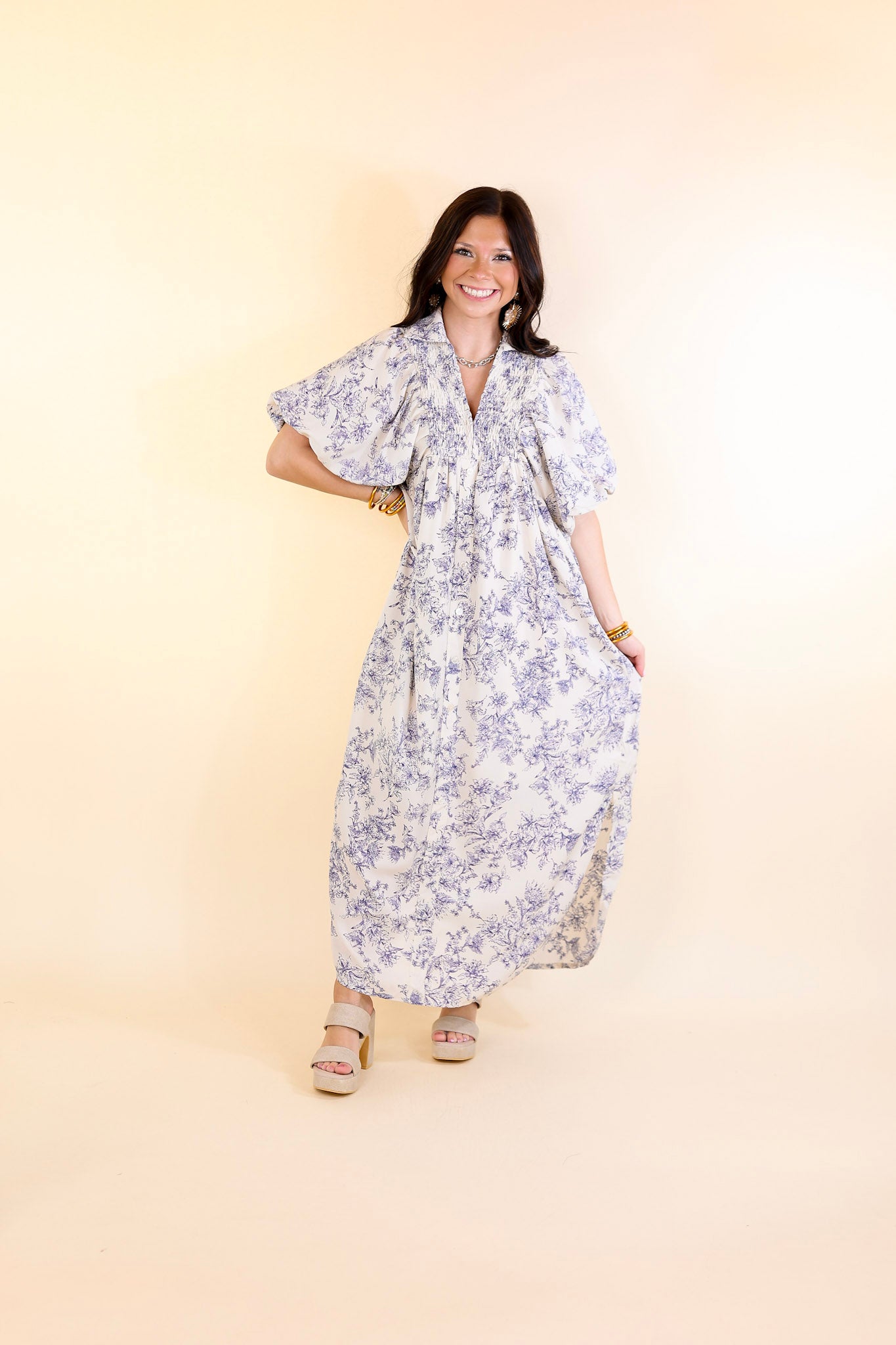 Timeless Blossom Floral Print Button Up Dress in Cream and Blue