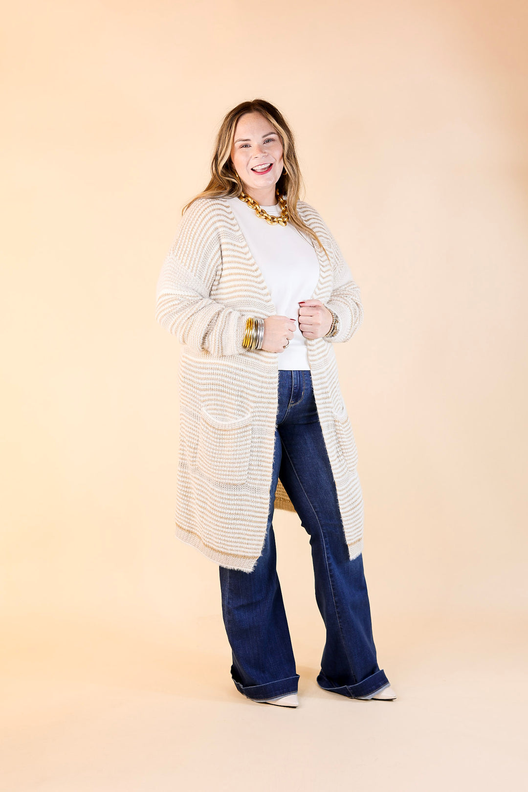 Upstate Chill Striped Knit Cardigan with Pockets in Beige
