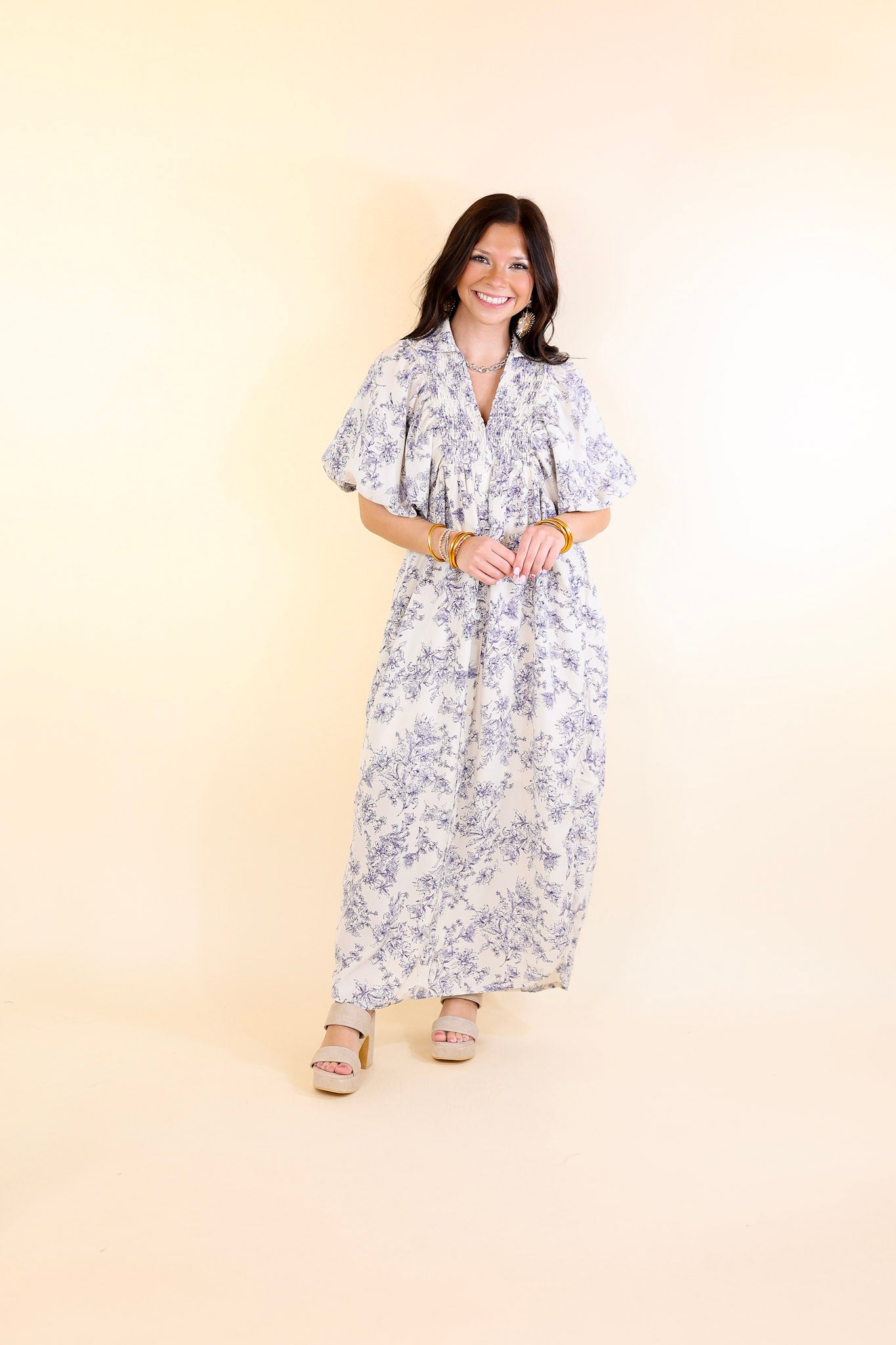 Timeless Blossom Floral Print Button Up Dress in Cream and Blue