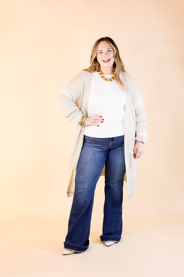 Upstate Chill Striped Knit Cardigan with Pockets in Beige