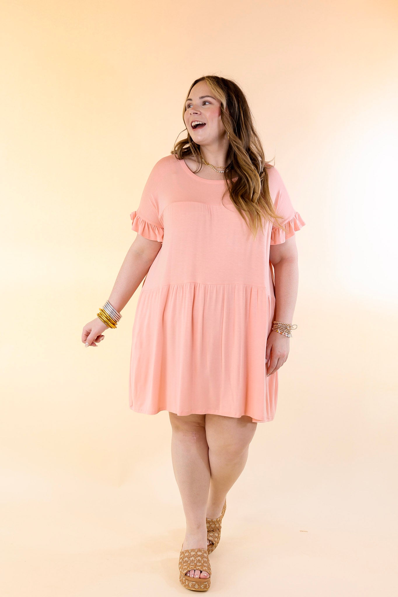 Gorgeous Girly Ruffle Sleeve Tiered Dress in Peach