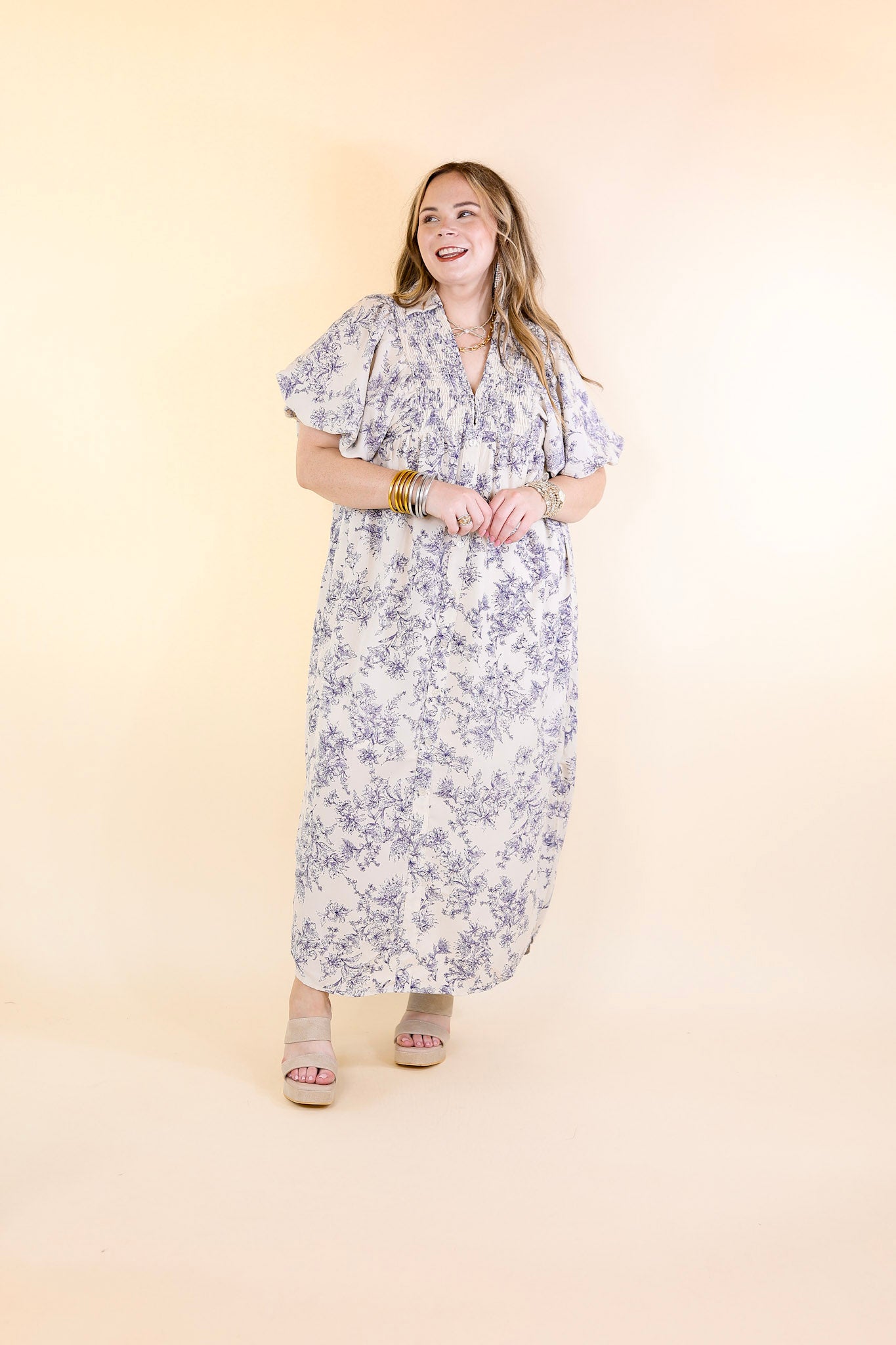 Timeless Blossom Floral Print Button Up Dress in Cream and Blue