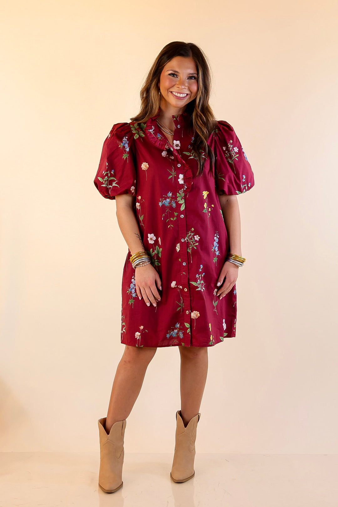 Forever Floral Button Up Floral Dress with Ruffle Trim and Puff Sleeves in Maroon