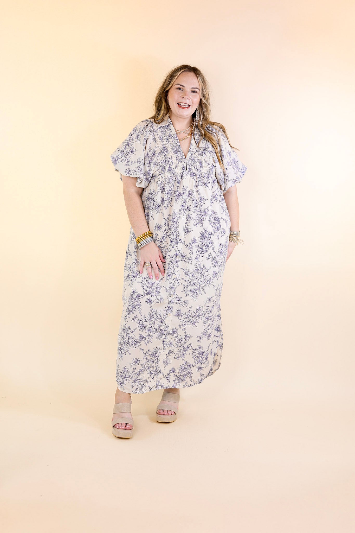 Timeless Blossom Floral Print Button Up Dress in Cream and Blue