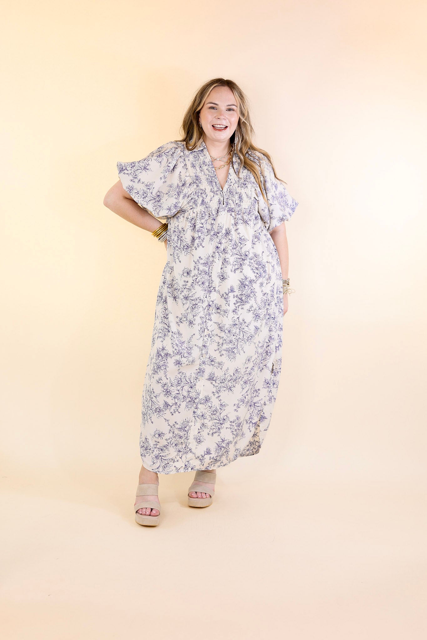 Timeless Blossom Floral Print Button Up Dress in Cream and Blue