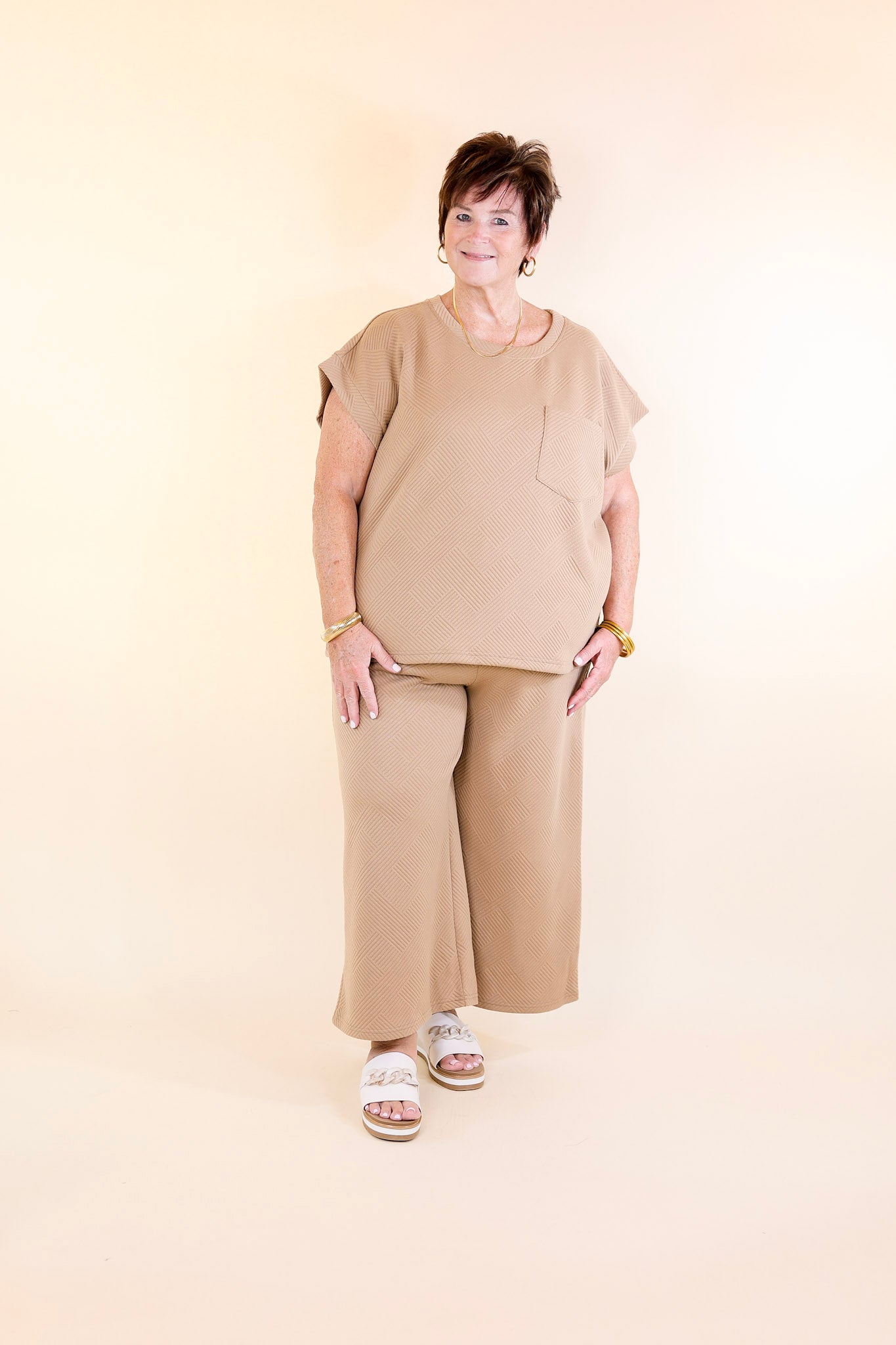 Glamour on the Go Textured Wide Leg Pant in Tan