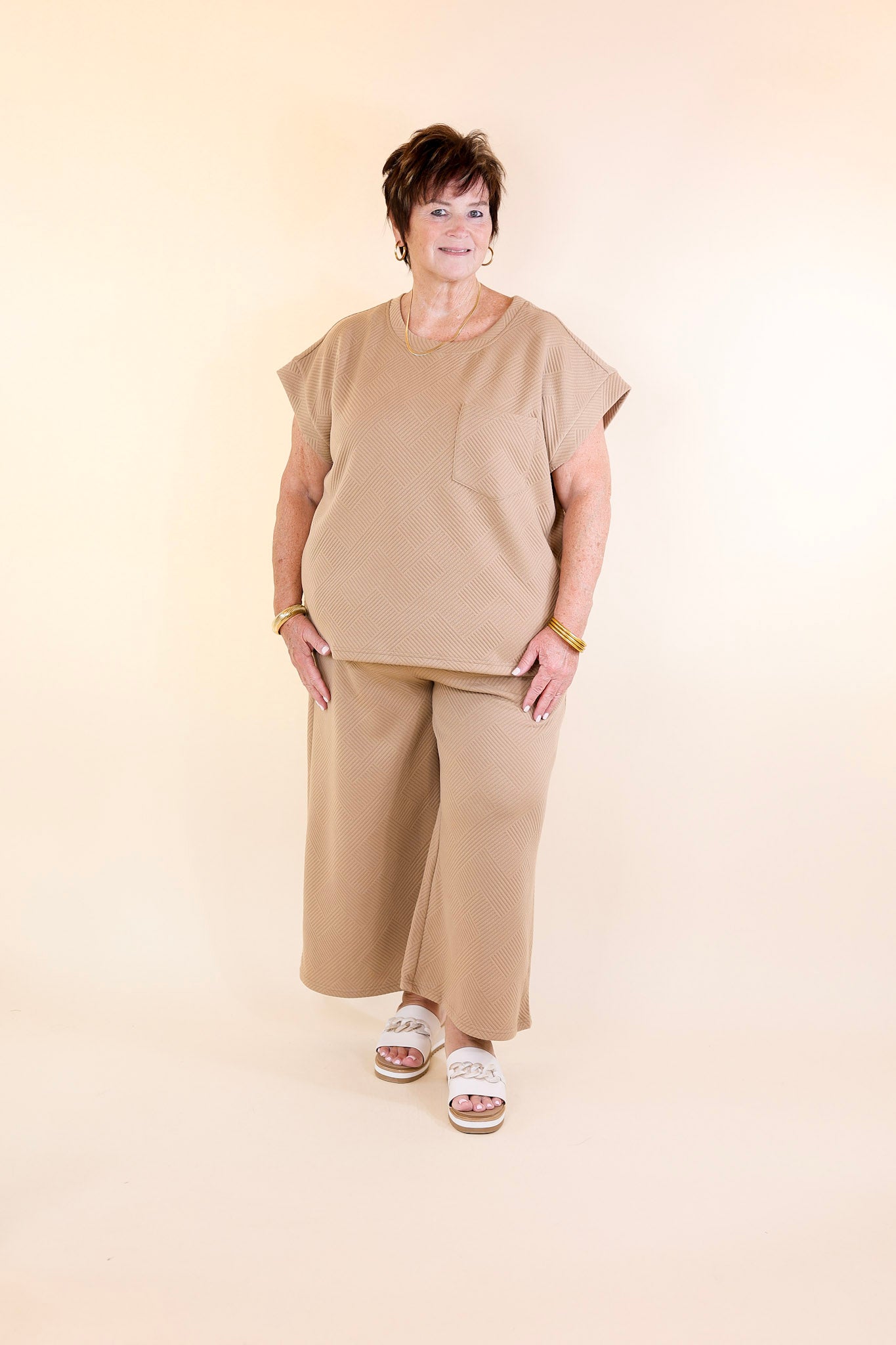 Glamour on the Go Textured Wide Leg Pant in Tan