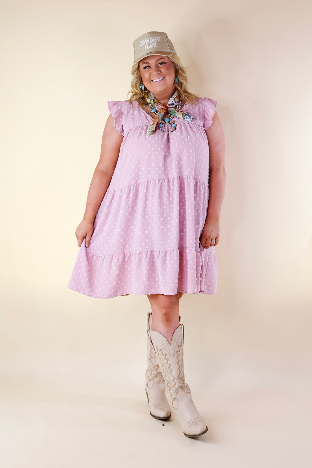 Real Romance Swiss Dot Tiered Dress with Ruffle Cap Sleeves in Mauve Pink - Giddy Up Glamour Boutique