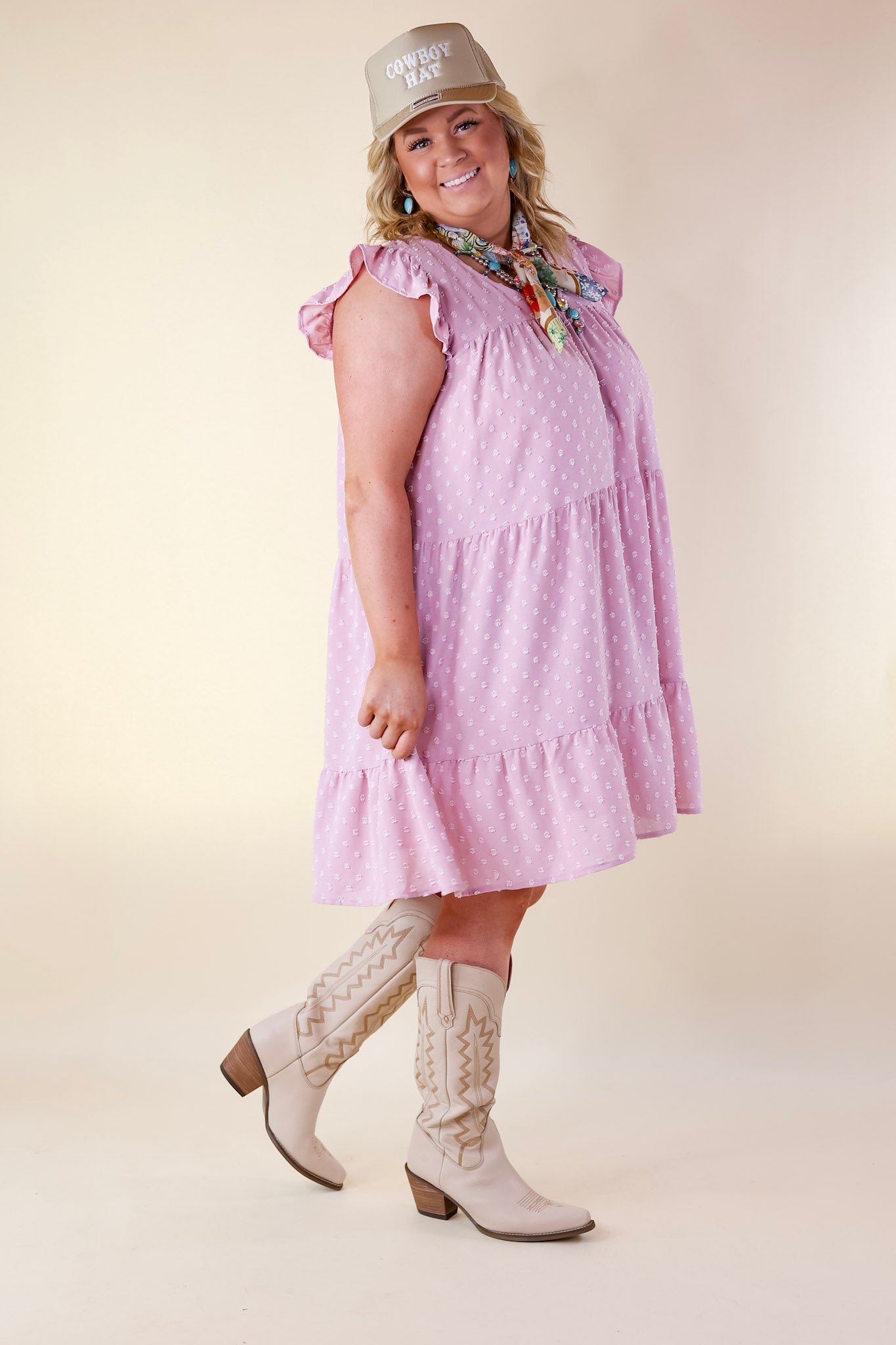 Real Romance Swiss Dot Tiered Dress with Ruffle Cap Sleeves in Mauve Pink - Giddy Up Glamour Boutique
