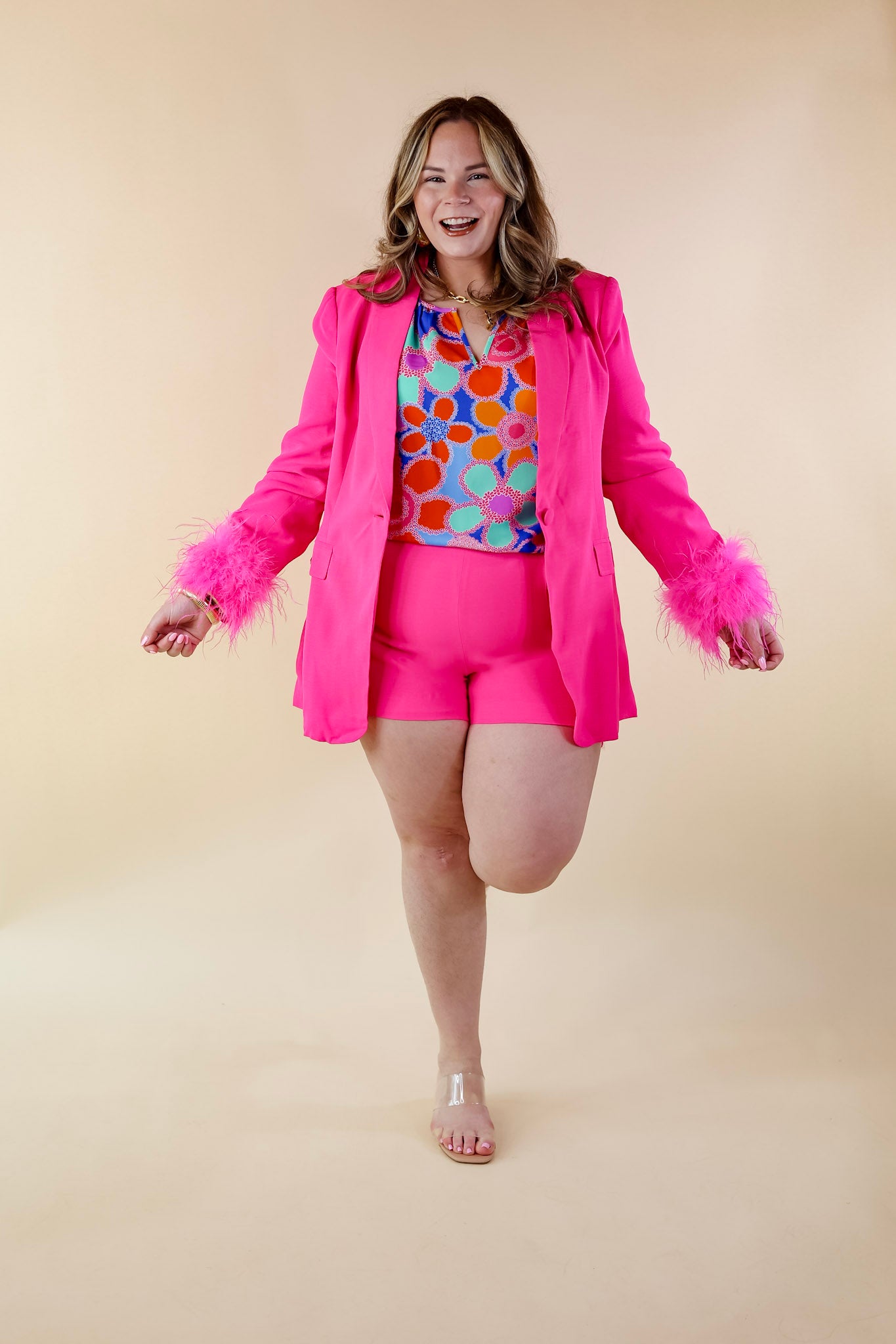 BuddyLove | Elle Feather Trim Blazer in Azalea (Hot Pink) - Giddy Up Glamour Boutique