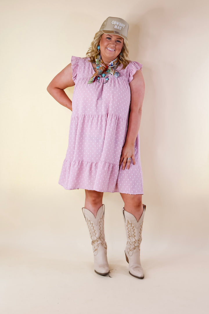Real Romance Swiss Dot Tiered Dress with Ruffle Cap Sleeves in Mauve Pink - Giddy Up Glamour Boutique