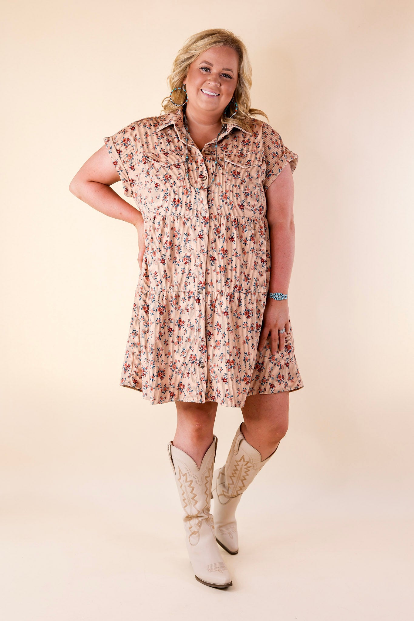 Latest Obsession Button Up Floral Corduroy Dress in Tan - Giddy Up Glamour Boutique