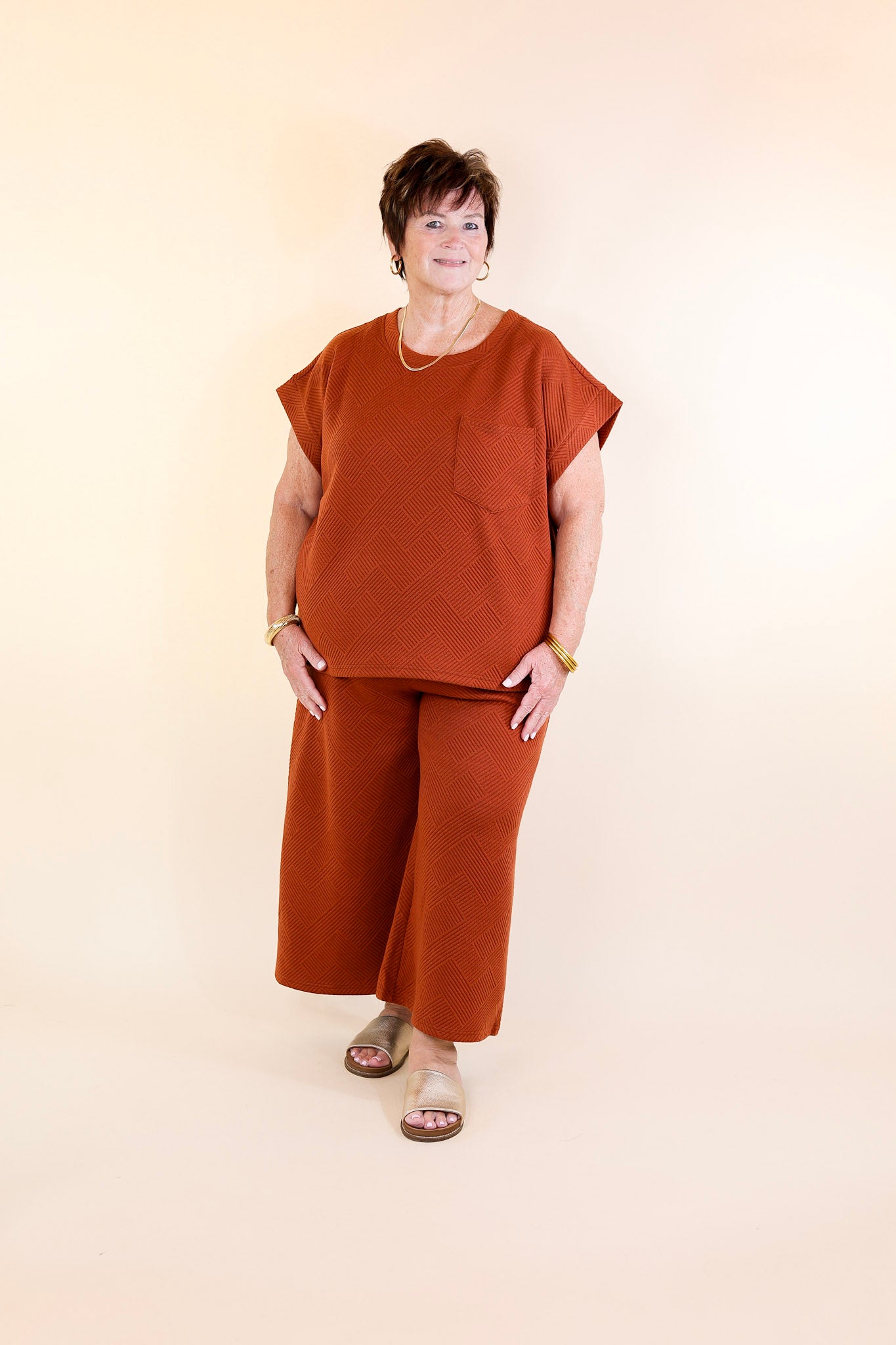 Glamour on the Go Textured Wide Leg Pant in Rust Orange