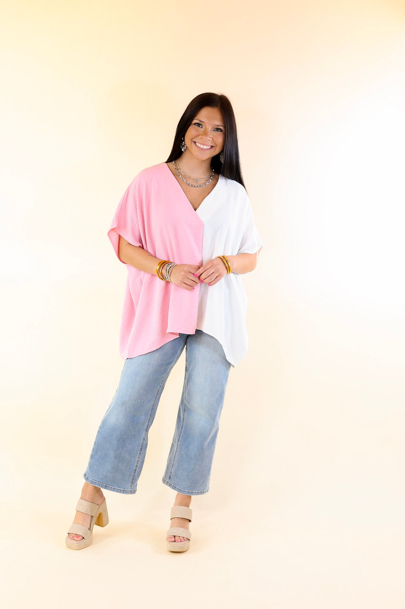 Weekend Out V Neck Placket Color Block Short Sleeve Top in Ivory and Pink