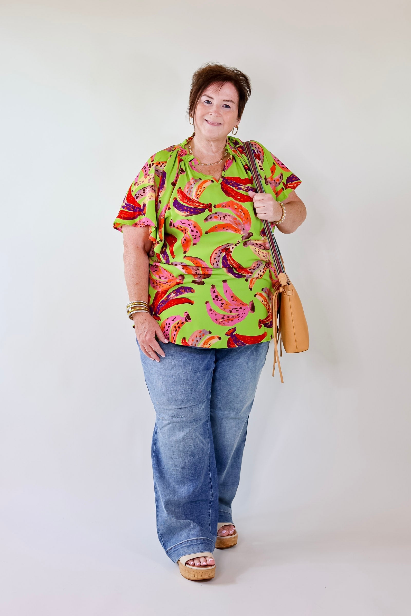Green With Envy Multicolor Banana Print Top Light Green - Giddy Up Glamour Boutique