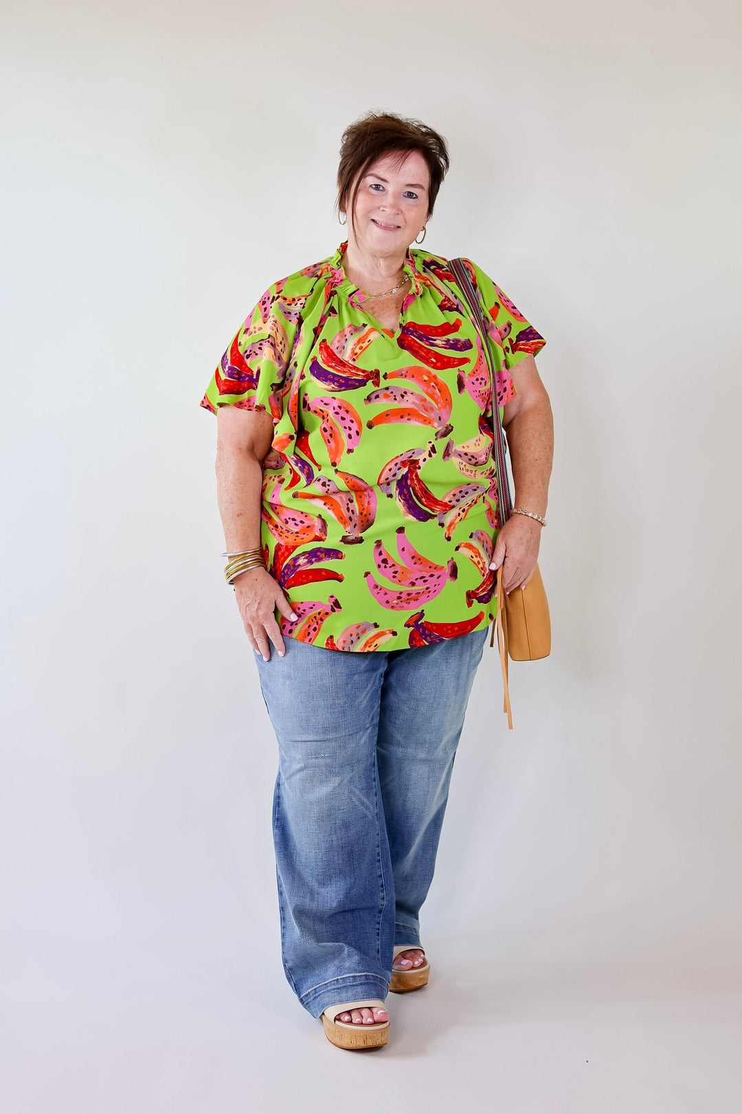 Green With Envy Multicolor Banana Print Top Light Green - Giddy Up Glamour Boutique