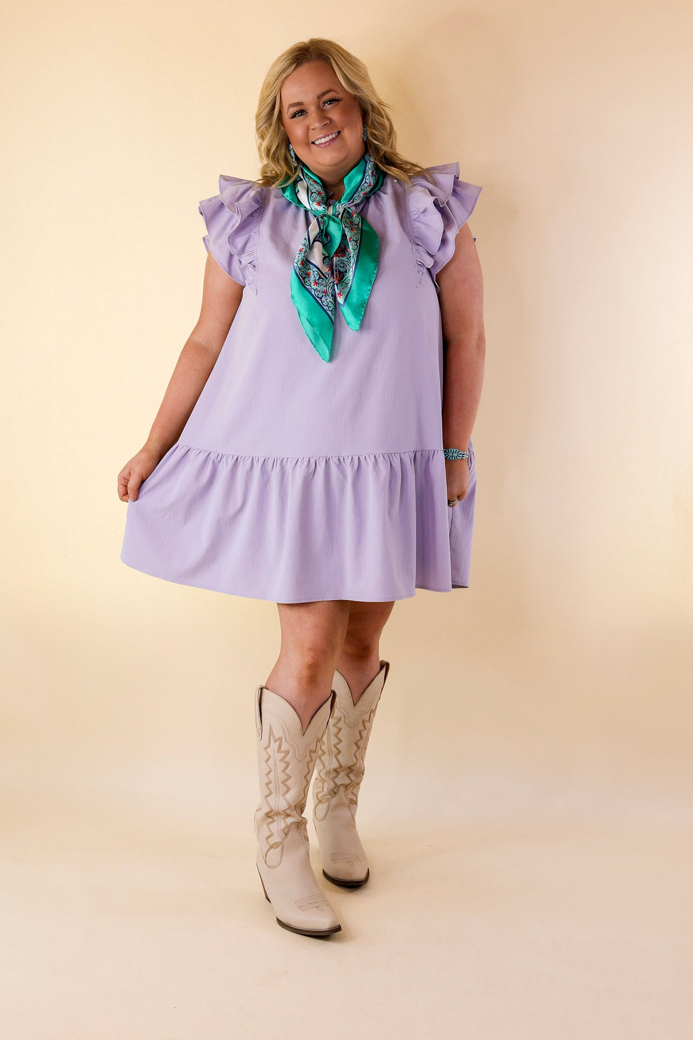 Powerful Love Ruffle Cap Sleeve Dress with Keyhole and Tie Neckline in Lavender Purple - Giddy Up Glamour Boutique