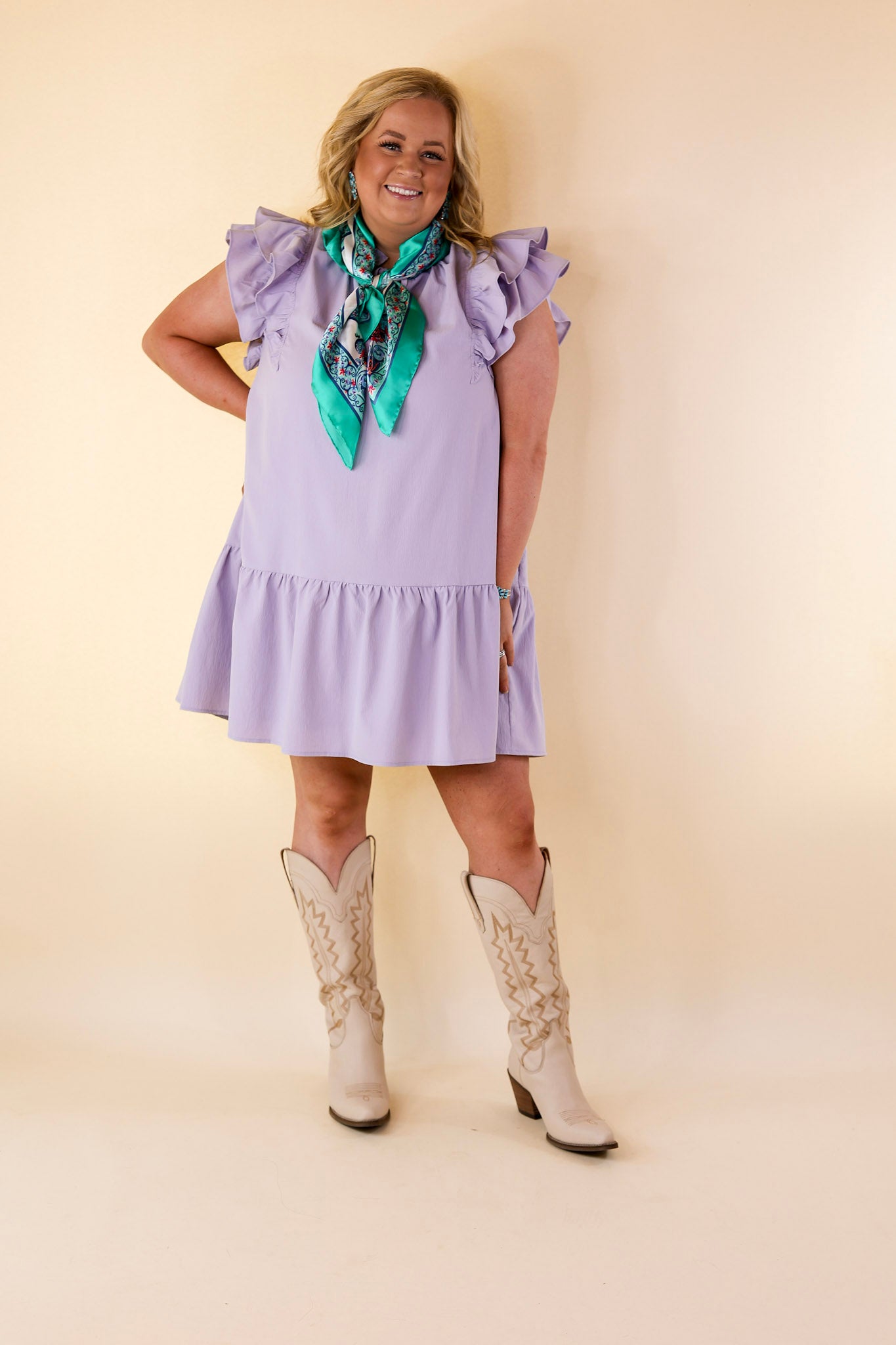 Powerful Love Ruffle Cap Sleeve Dress with Keyhole and Tie Neckline in Lavender Purple - Giddy Up Glamour Boutique