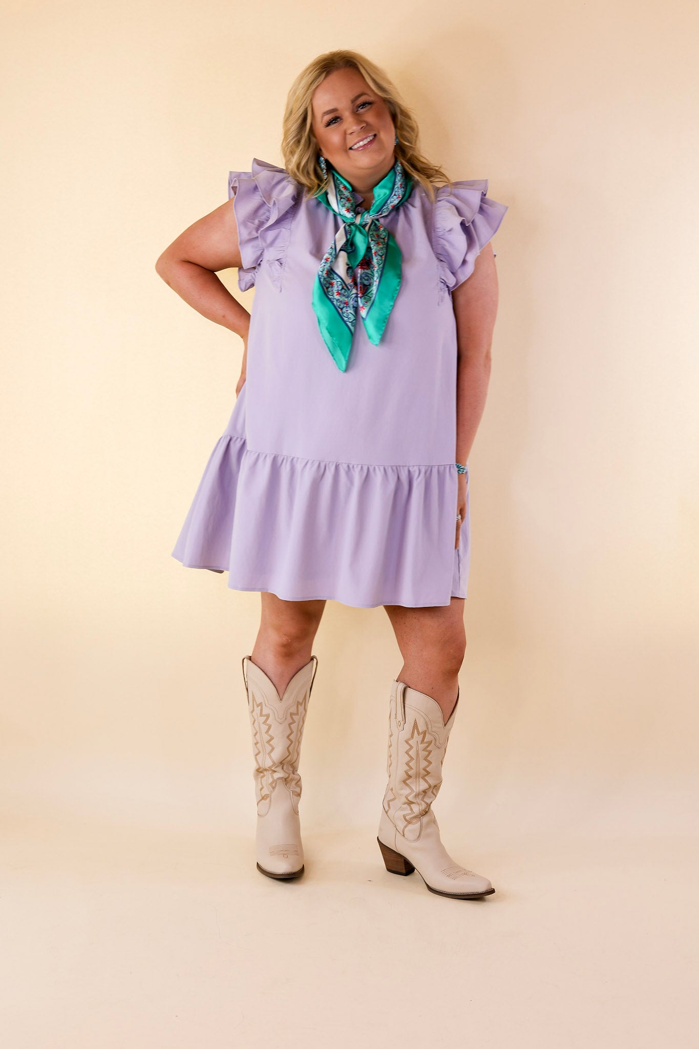 Powerful Love Ruffle Cap Sleeve Dress with Keyhole and Tie Neckline in Lavender Purple - Giddy Up Glamour Boutique