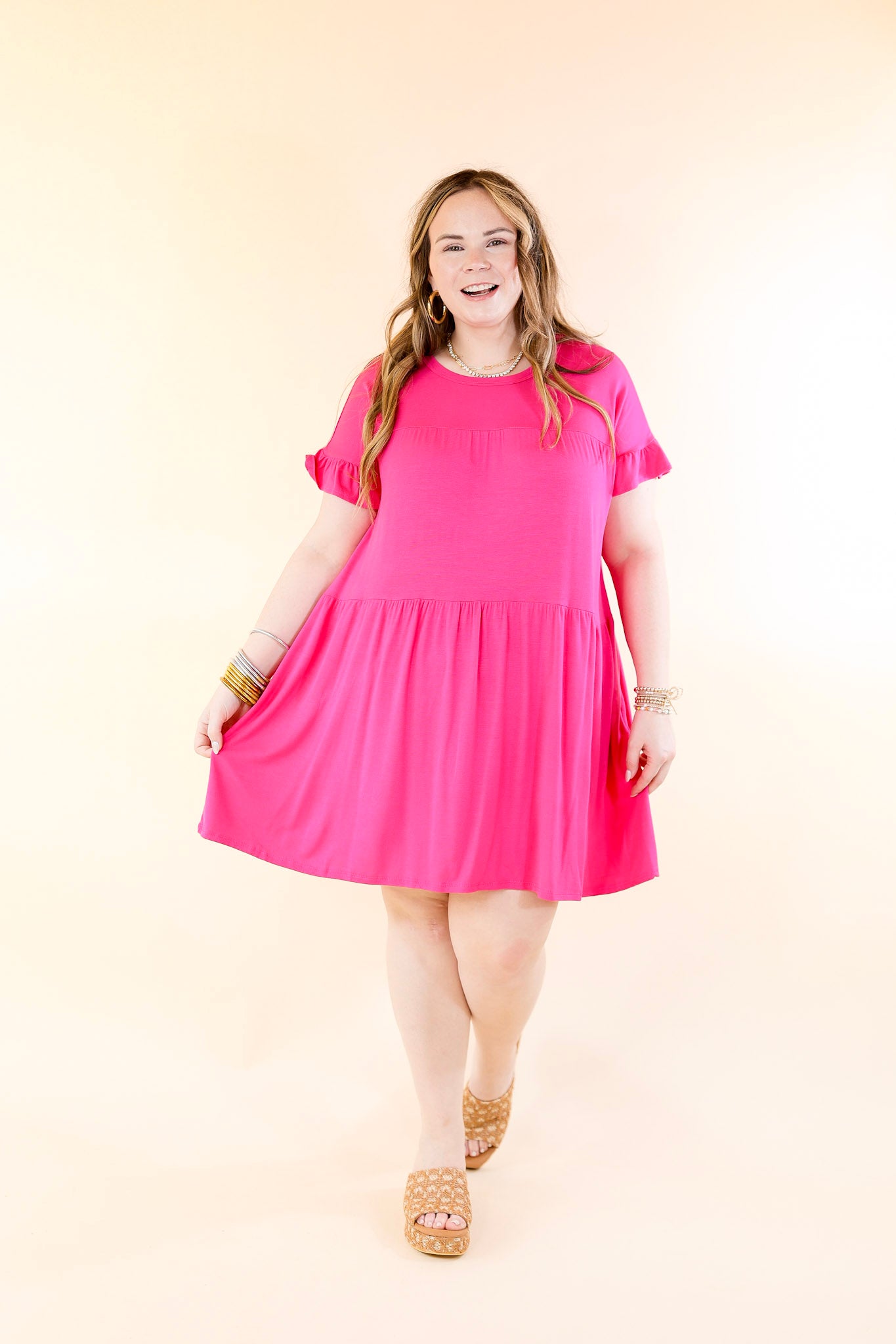 Gorgeous Girly Ruffle Sleeve Tiered Dress in Fuchsia Pink