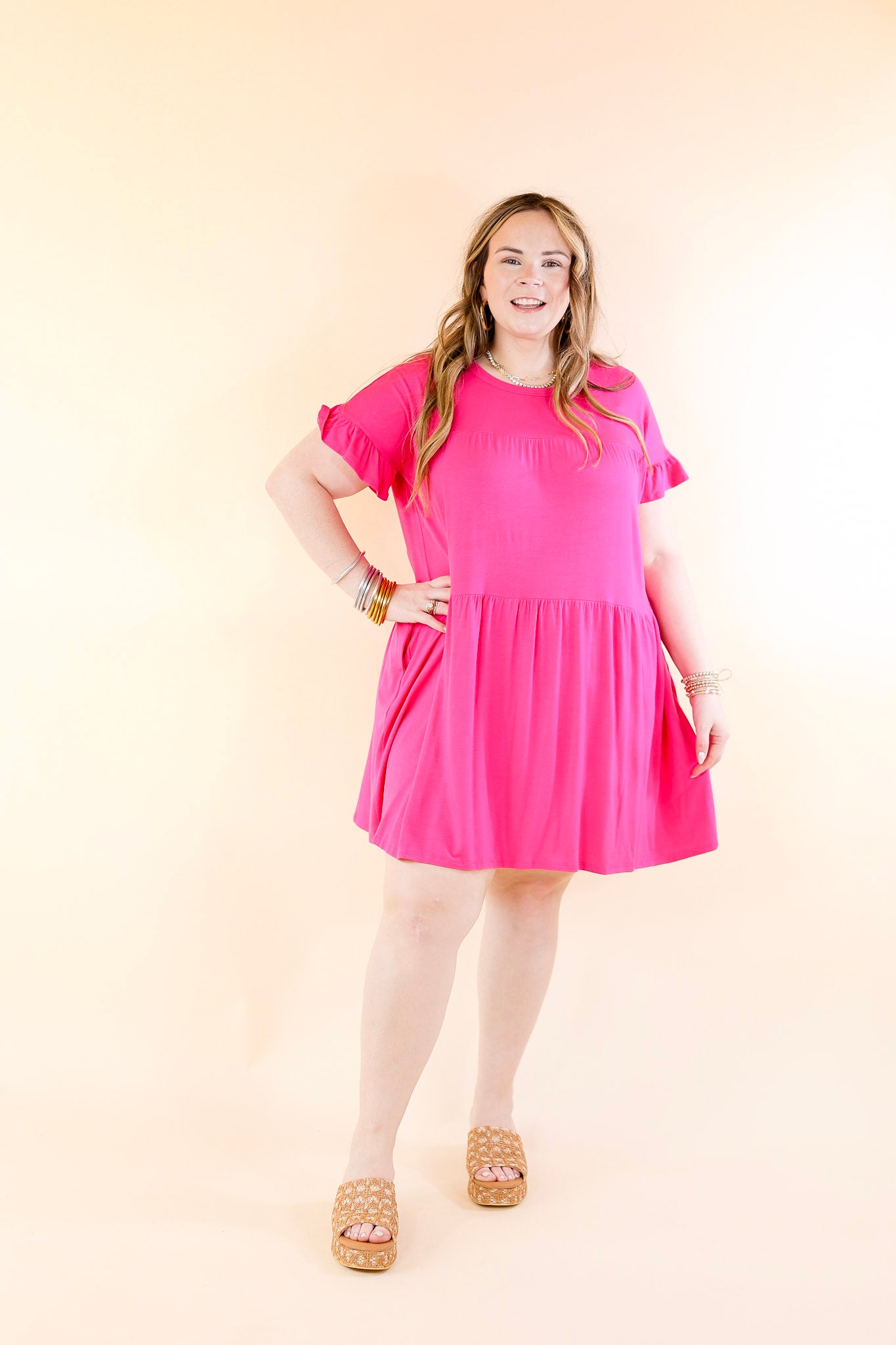 Gorgeous Girly Ruffle Sleeve Tiered Dress in Fuchsia Pink