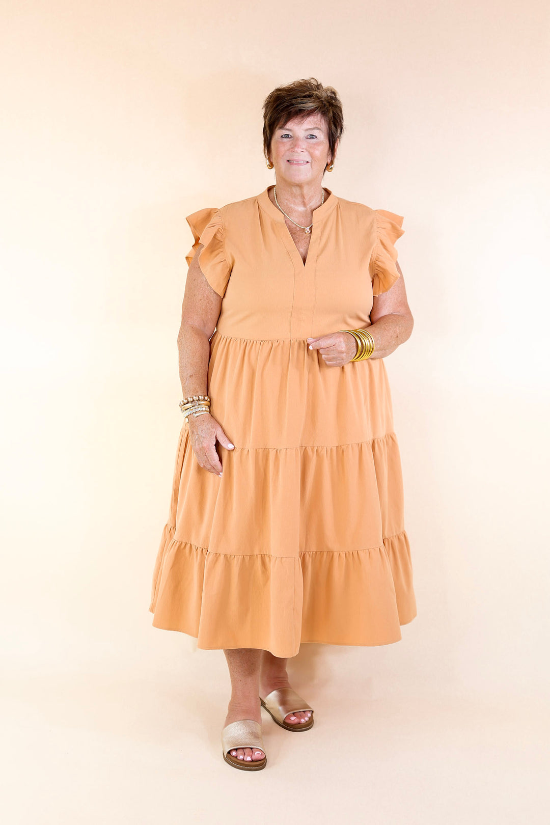 Magnolia Morning Ruffle Cap Sleeve Tiered Midi Dress in Sunset Orange
