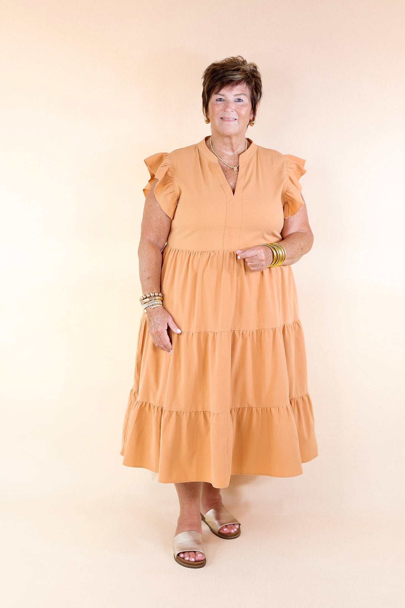 Magnolia Morning Ruffle Cap Sleeve Tiered Midi Dress in Sunset Orange