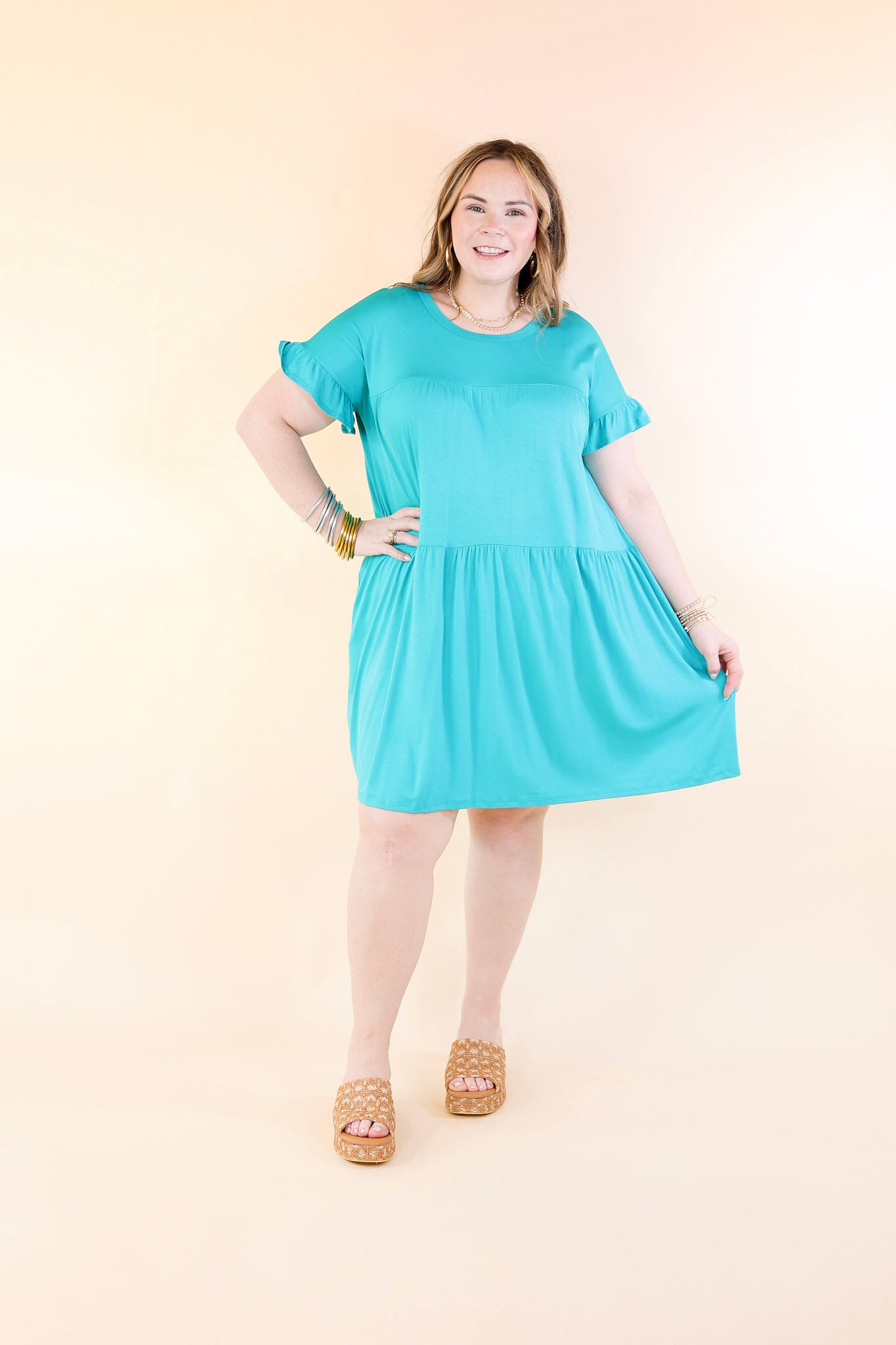 Gorgeous Girly Ruffle Sleeve Tiered Dress in Teal