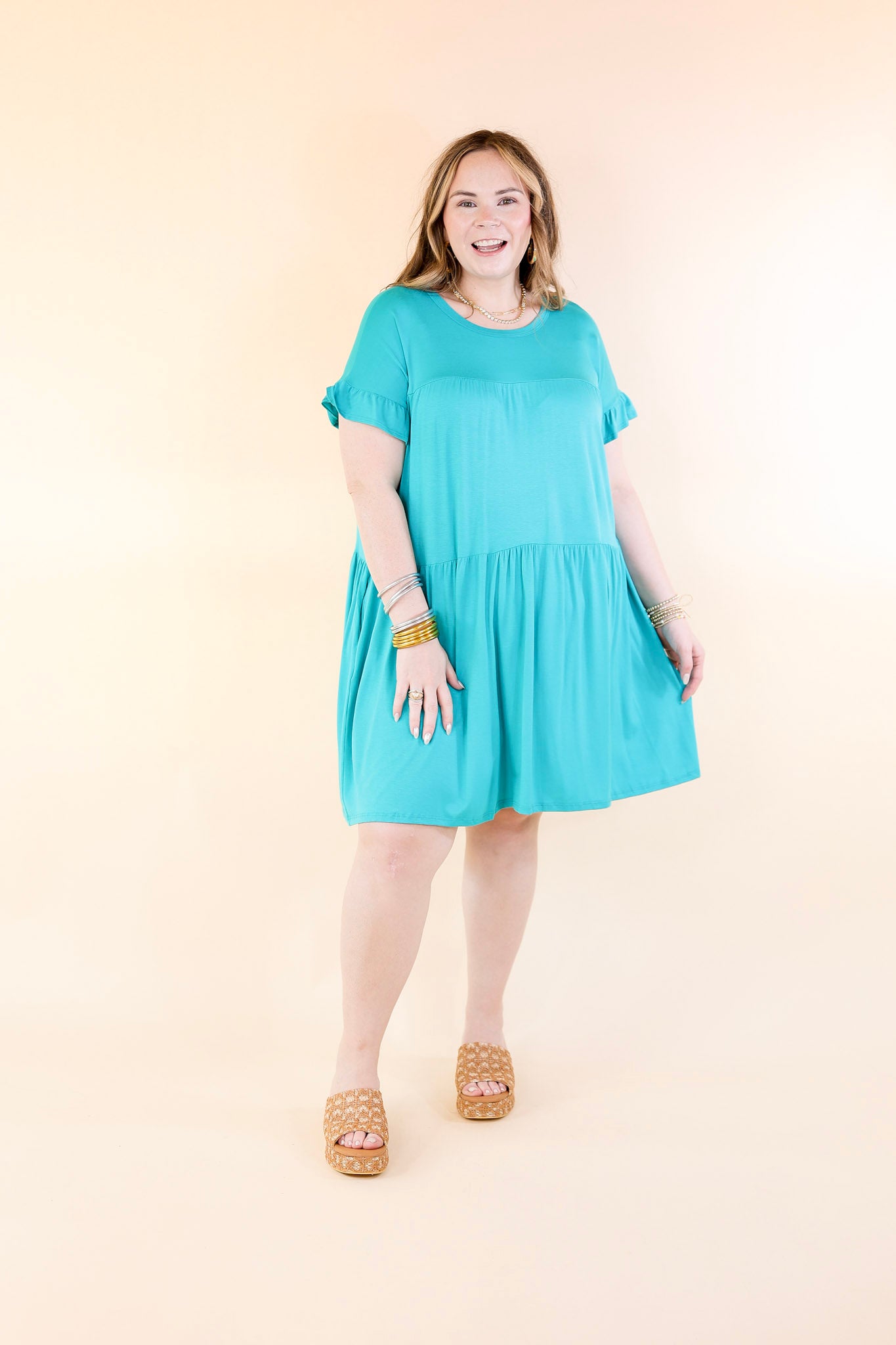 Gorgeous Girly Ruffle Sleeve Tiered Dress in Teal