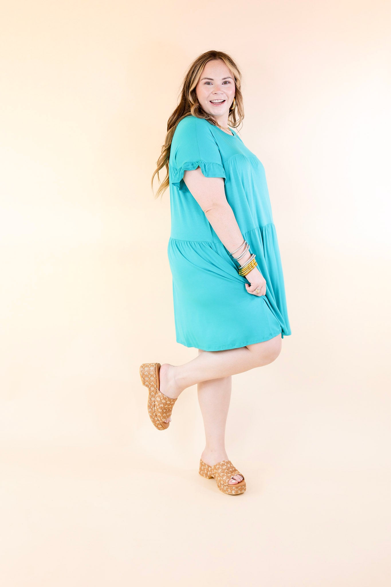 Gorgeous Girly Ruffle Sleeve Tiered Dress in Teal