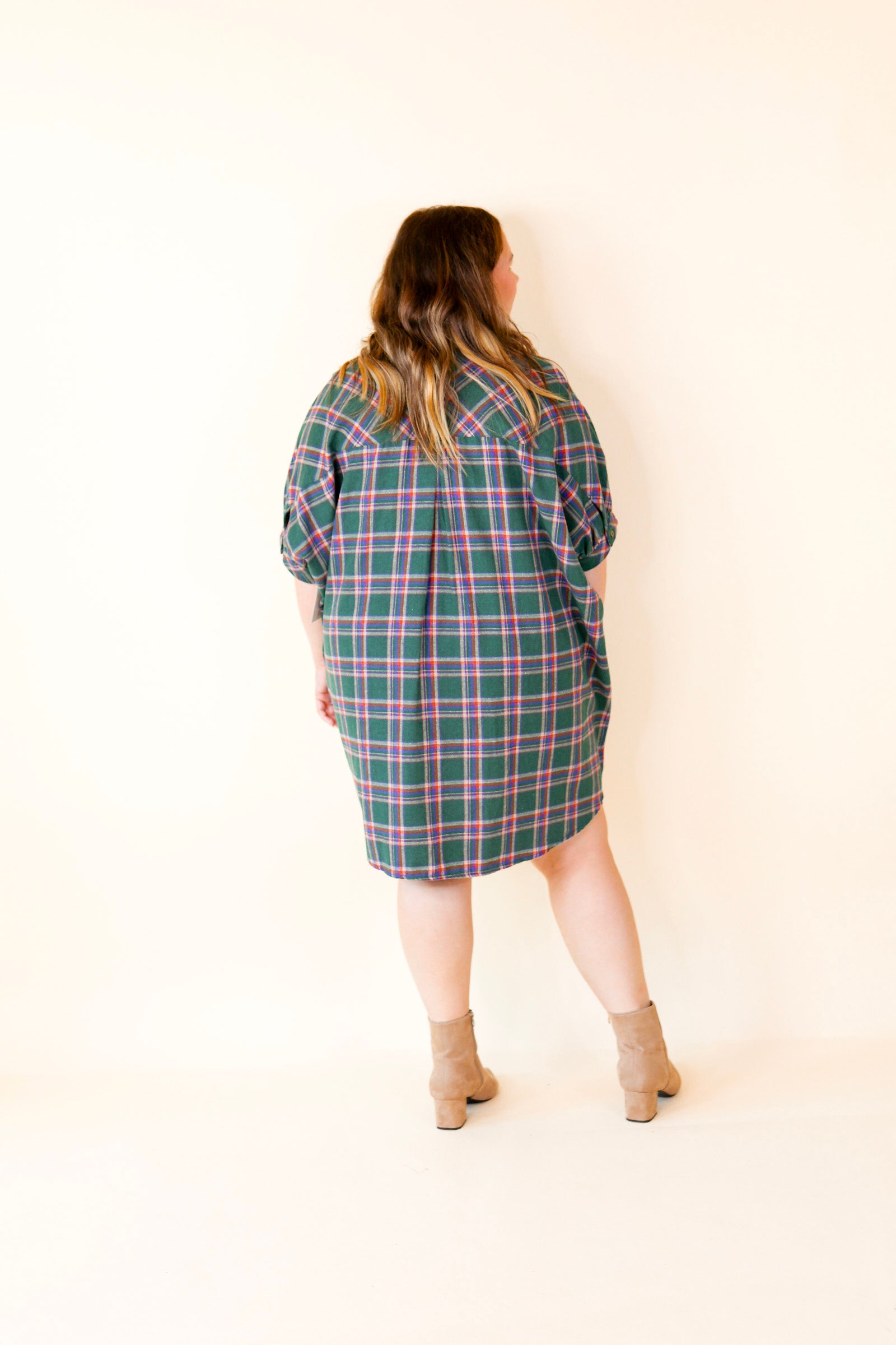 Cozy And Kind Button Up Plaid Dress in Green - Giddy Up Glamour Boutique