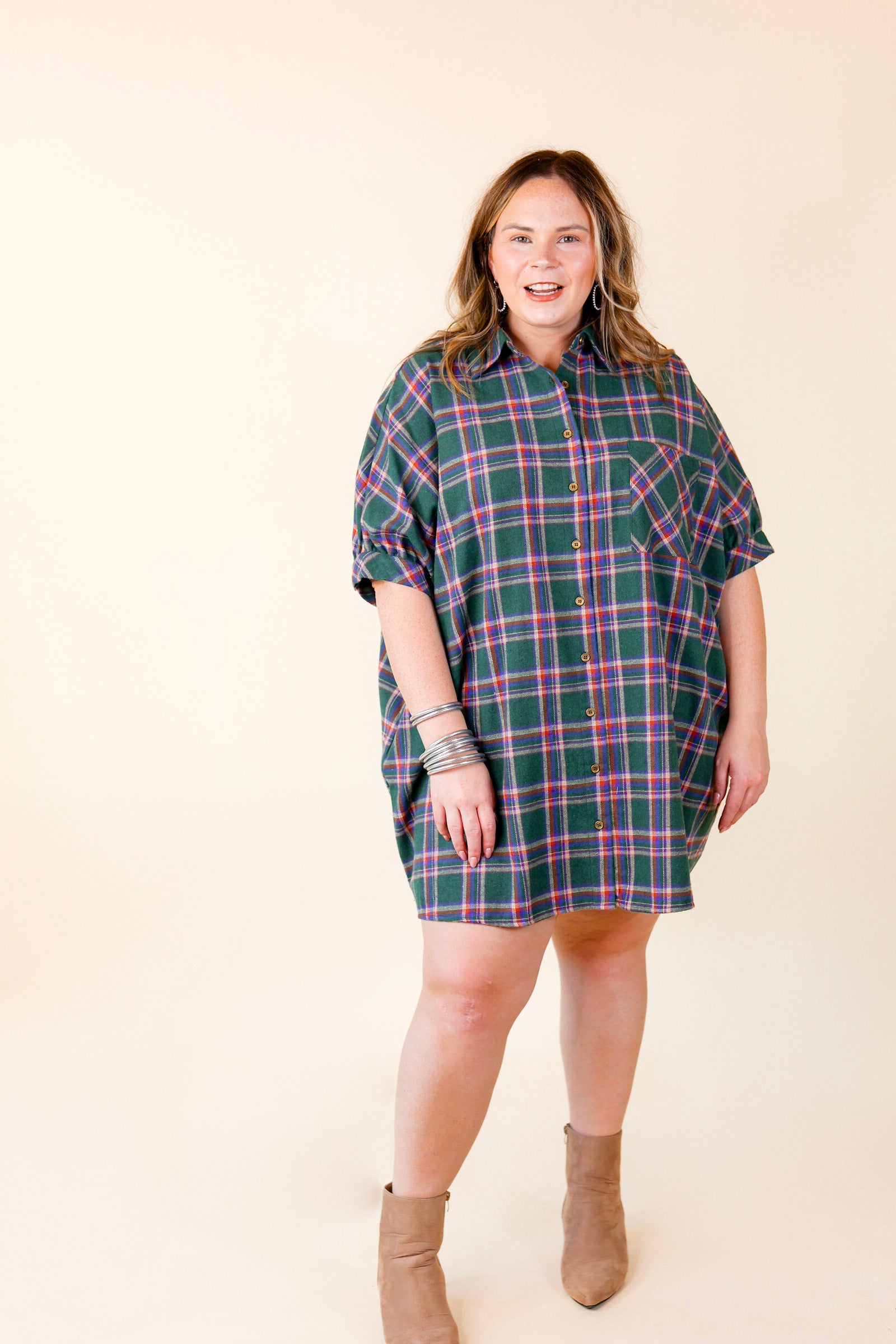 Cozy And Kind Button Up Plaid Dress in Green - Giddy Up Glamour Boutique