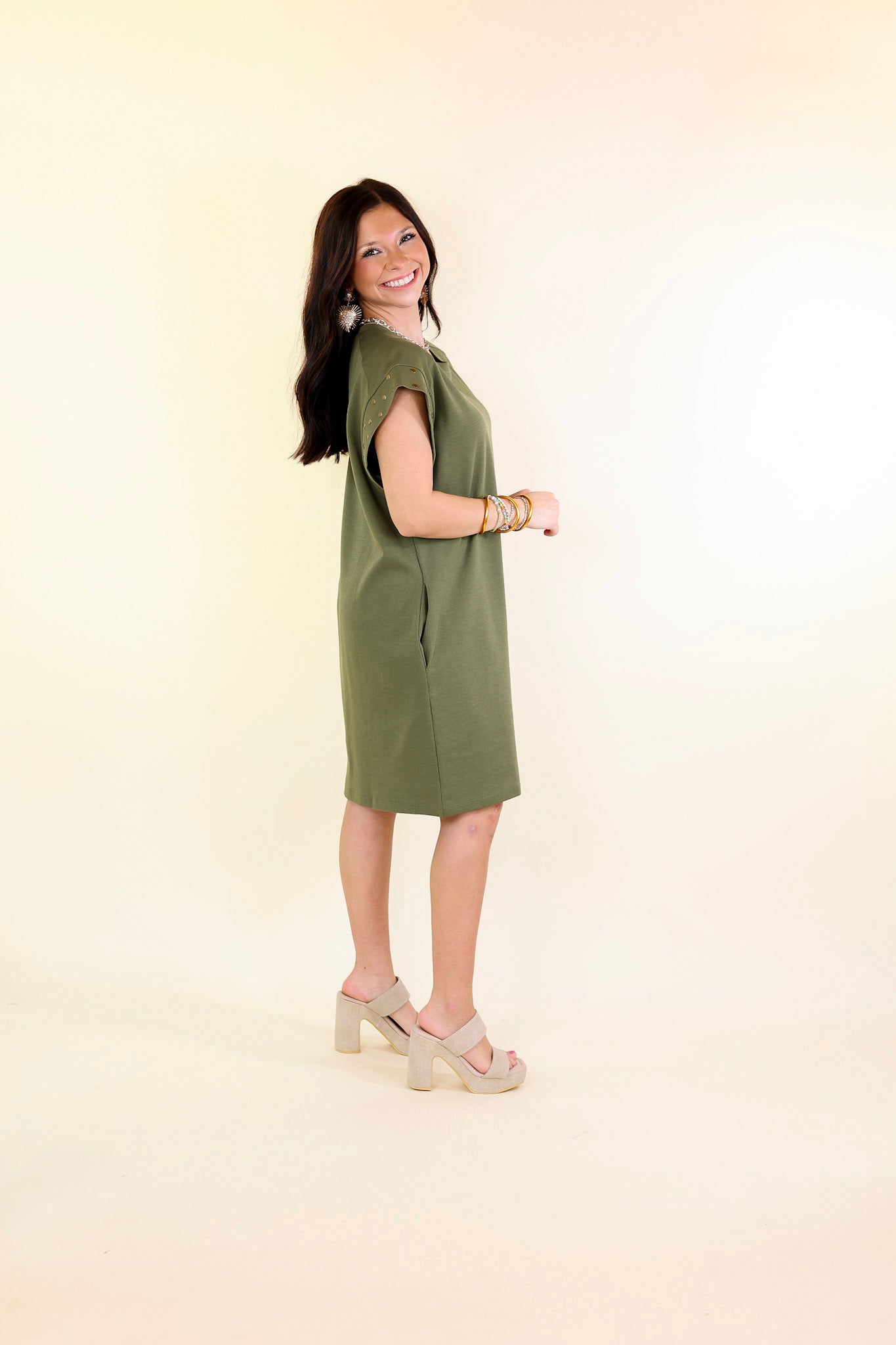 Graceful Glimpse Dress with Gold Stud Detail in Olive Green