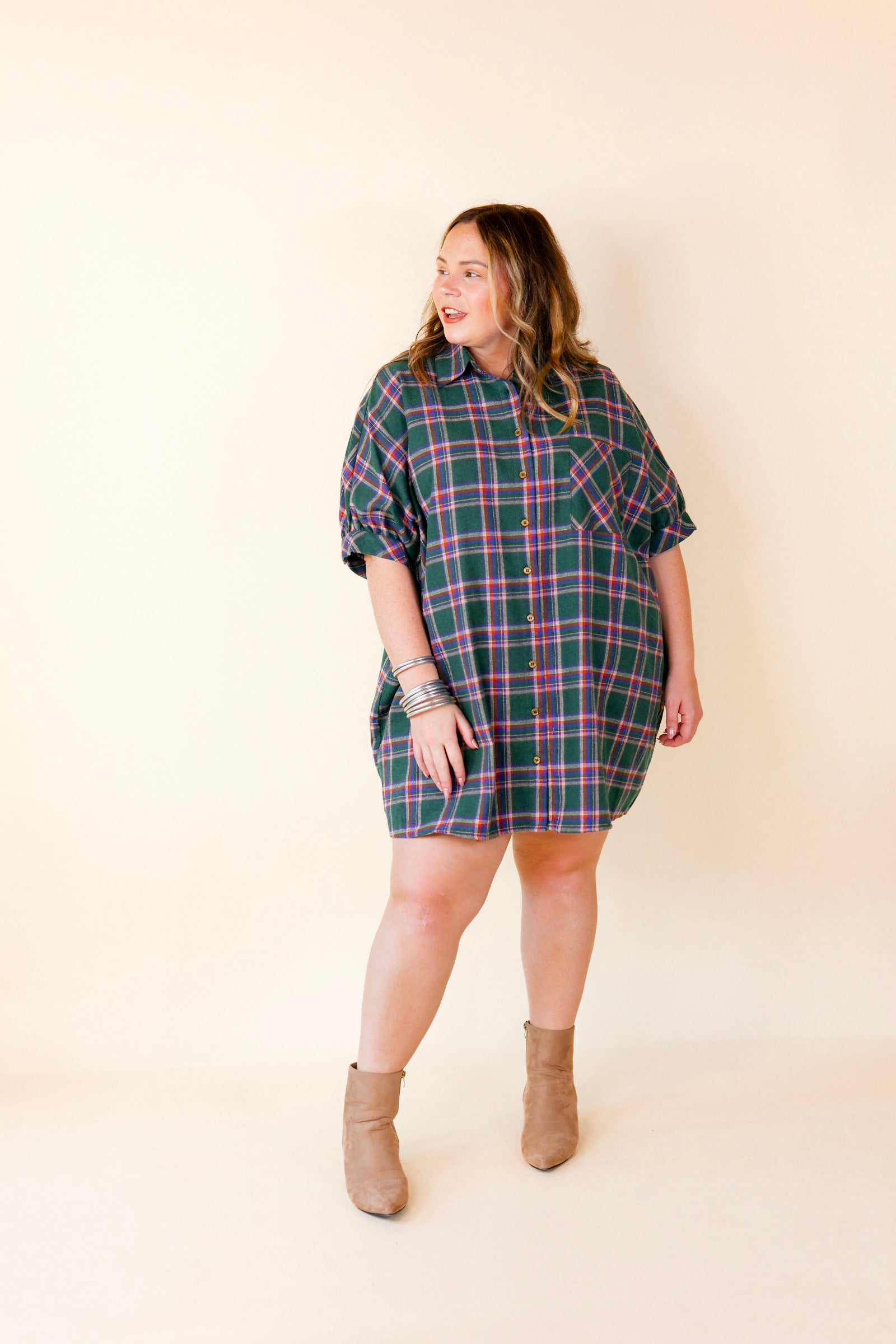 Cozy And Kind Button Up Plaid Dress in Green - Giddy Up Glamour Boutique