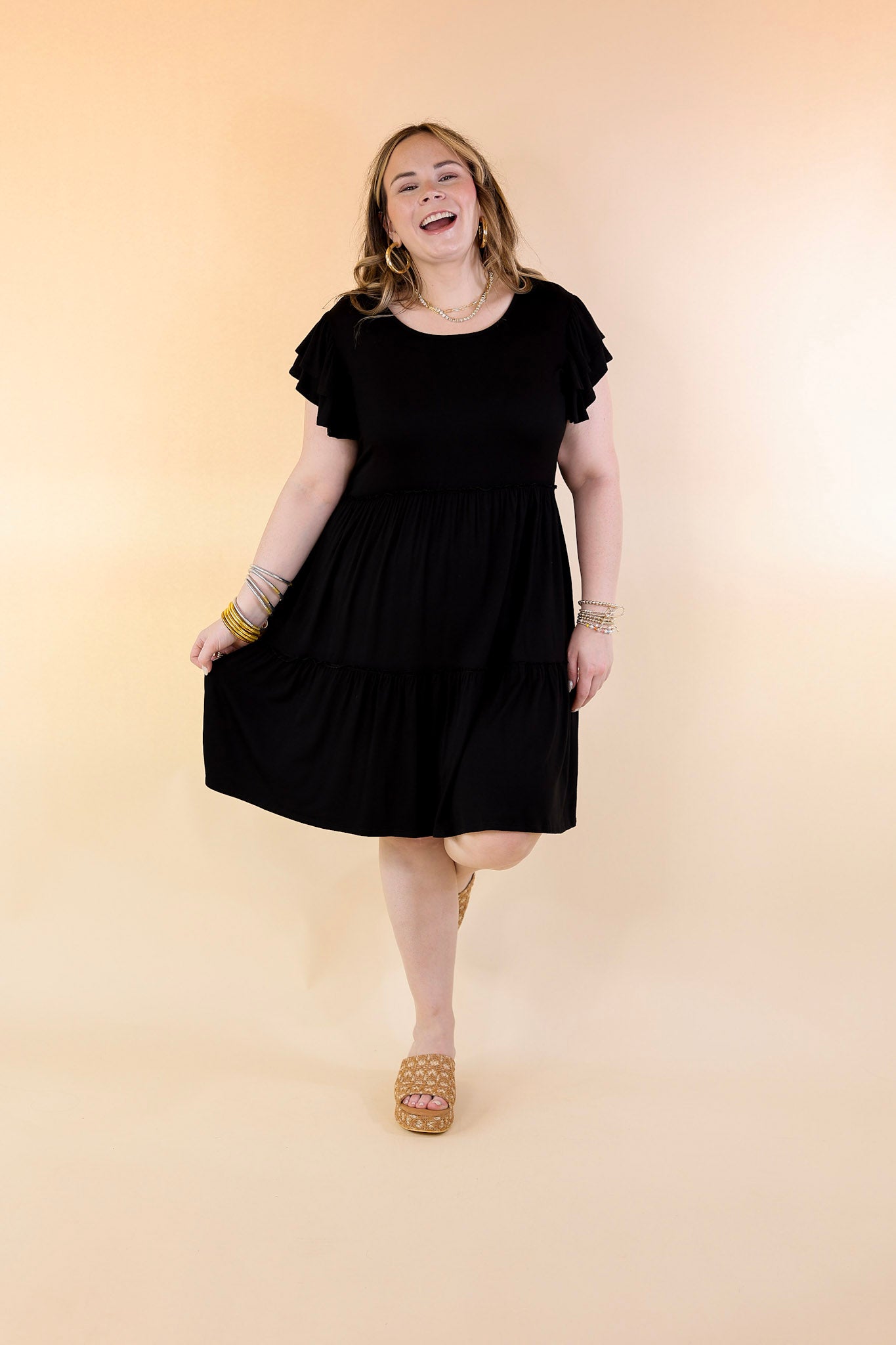 Gorgeous Girly Ruffle Sleeve Tiered Dress in Black