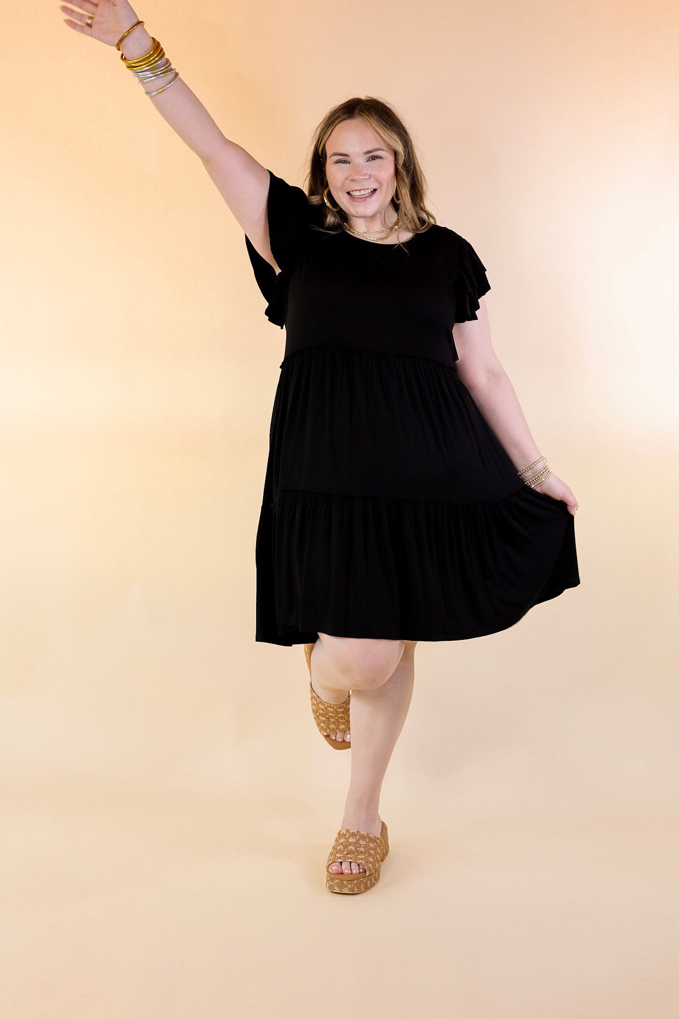 Gorgeous Girly Ruffle Sleeve Tiered Dress in Black