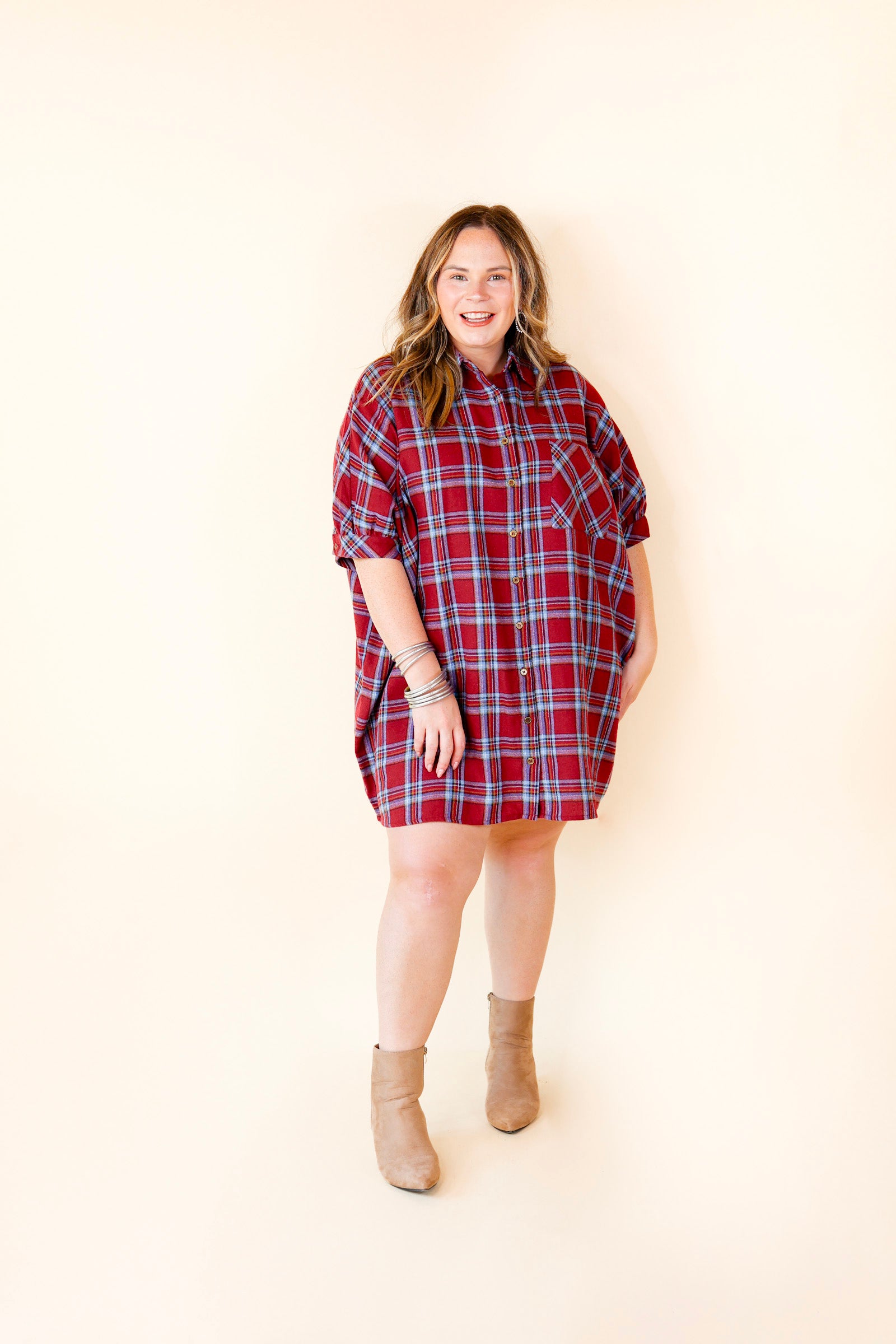 Cozy And Kind Button Up Plaid Dress in Maroon - Giddy Up Glamour Boutique