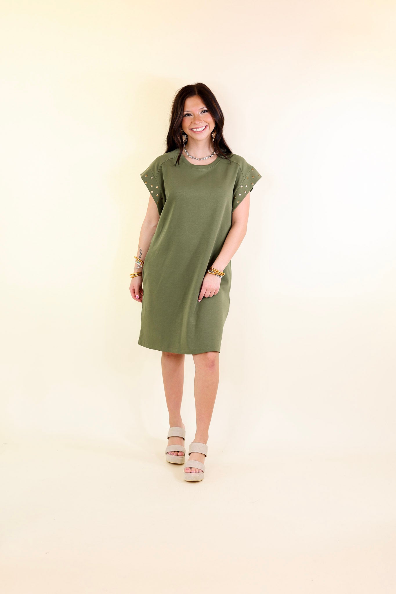 Graceful Glimpse Dress with Gold Stud Detail in Olive Green