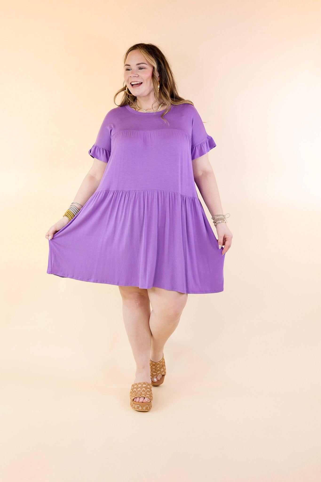 Gorgeous Girly Ruffle Sleeve Tiered Dress in Purple