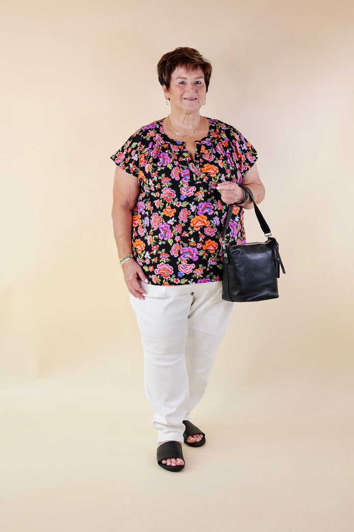 Whimsical Wonder Floral Print Top with Notched Neckline and Drop Sleeves in Black - Giddy Up Glamour Boutique