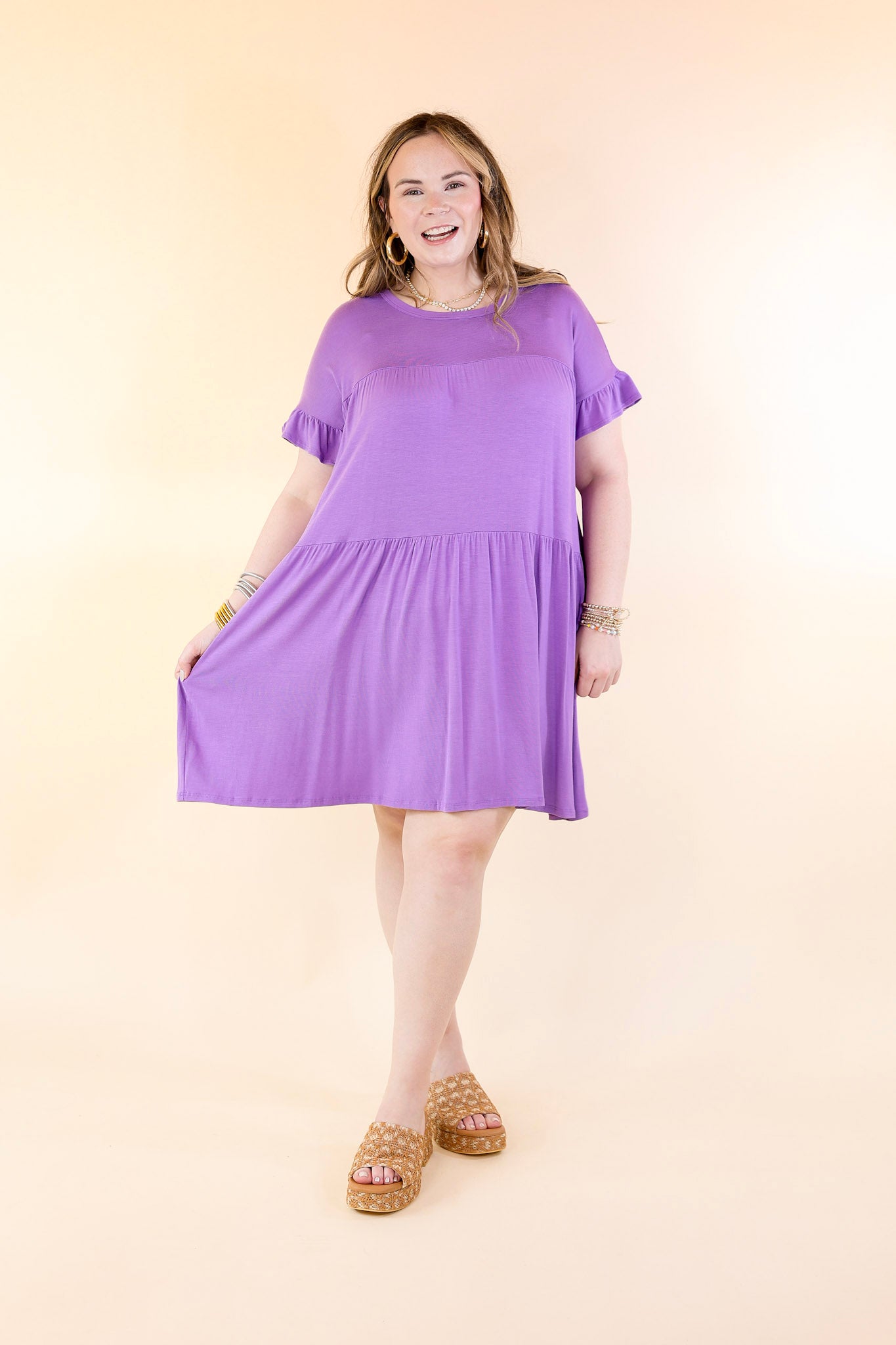 Gorgeous Girly Ruffle Sleeve Tiered Dress in Purple